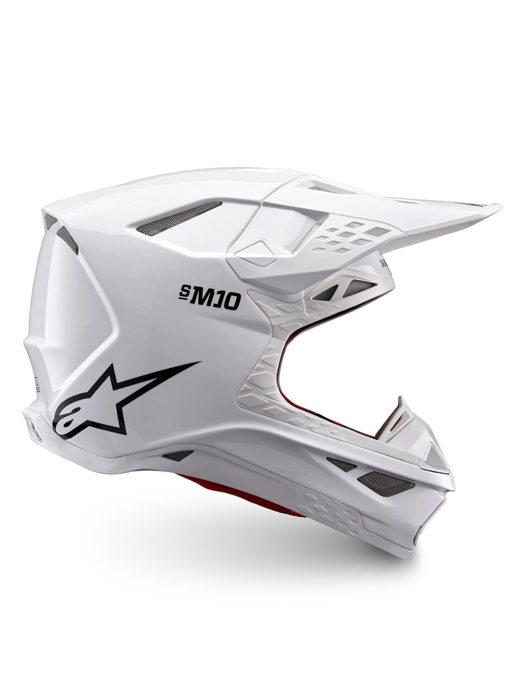 Alpinestars Supertech M10 Solid ECE 22.06, biały błyszczący kask motocrossowy, czarne logo, daszek i wentylowana konstrukcja pełnotwarzowa, certyfikowany ECE 22.06, widok z boku