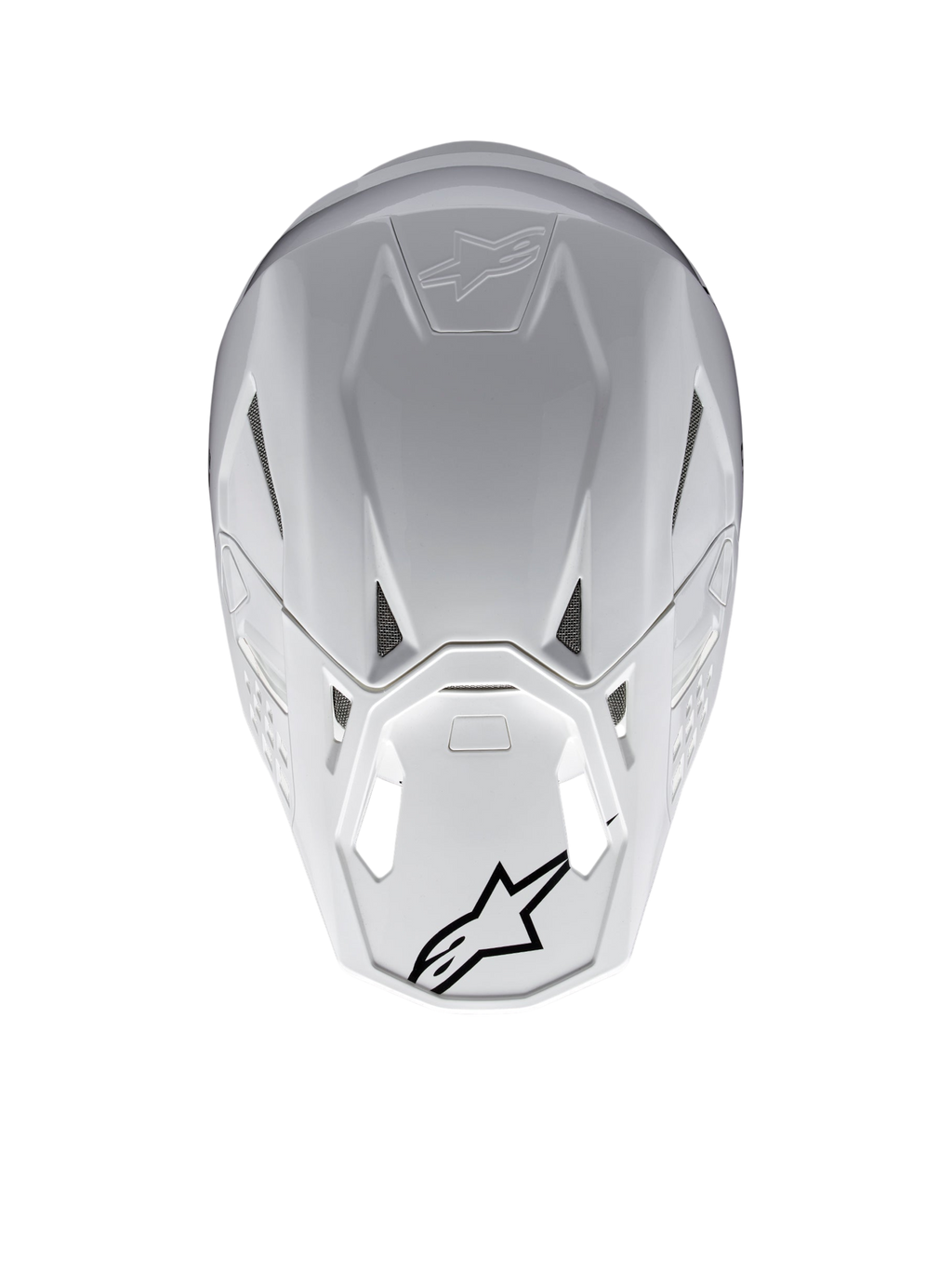 Alpinestars Supertech M10 Solid ECE 22.06, biały błyszczący kask motocrossowy, widok z tyłu z otworami wentylacyjnymi i czarnymi logo Alpinestars, skorupa z kompozytu węglowo-aramidowego