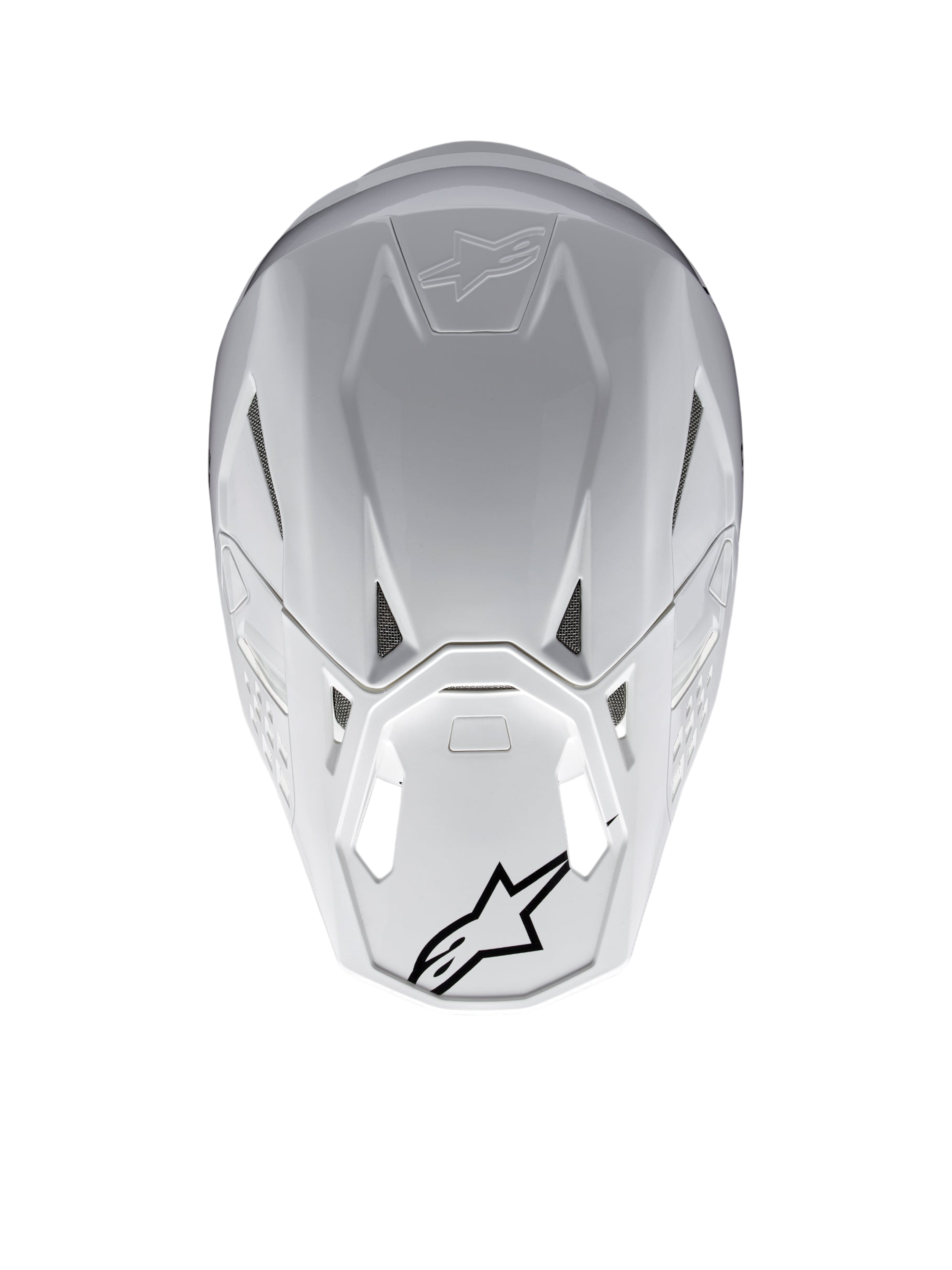 Alpinestars Supertech M10 Solid ECE 22.06, biały błyszczący kask motocrossowy, widok z tyłu z otworami wentylacyjnymi i czarnymi logo Alpinestars, skorupa z kompozytu węglowo-aramidowego