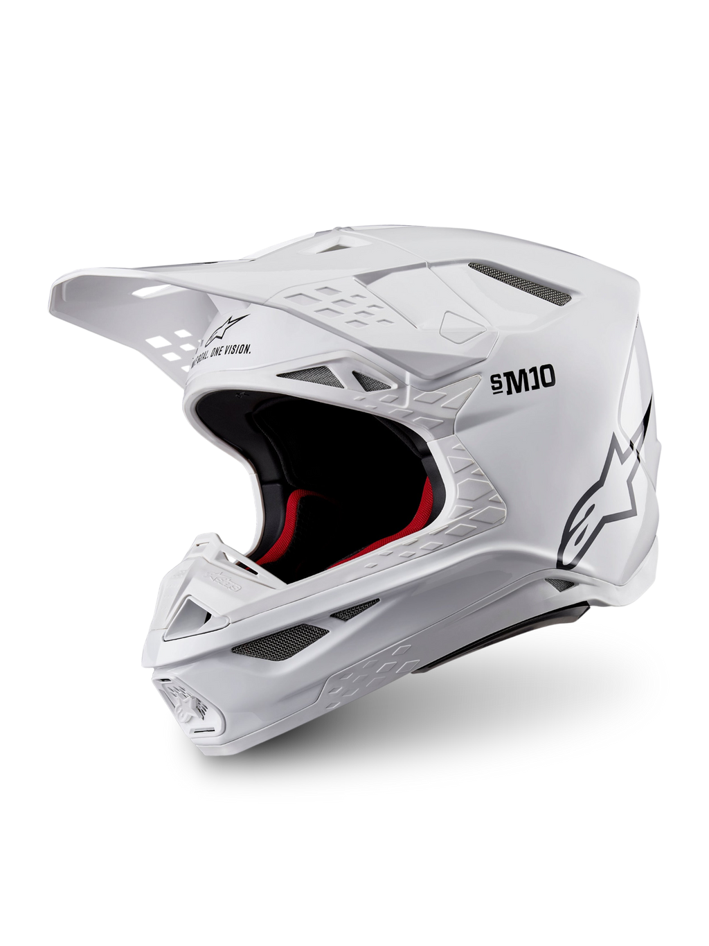 Alpinestars Supertech M10 Solid ECE 22.06, biały błyszczący kask motocrossowy, czarne i czerwone wnętrze, daszek i liczne wloty wentylacyjne, ujęcie z trzech czwartych