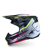 Alpinestars S-M7 Blaster Helmet ECE06, black and gray motocross helmet with fluo yellow and pink graphics.