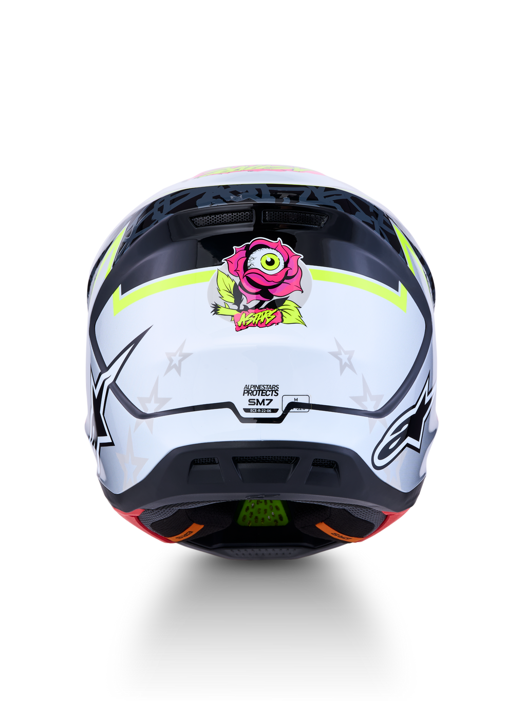 Alpinestars S-M7 Blaster Motocross Helmet, Black and White with Yellow Fluo, ECE 22.06 certified, rear view with rose graphic.