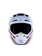 Alpinestars S-M7 Blaster Helmet ECE06, white, blue, and red glossy motocross helmet with a lightweight composite shell.