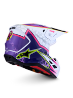 Alpinestars S-M7 Blaster Helmet, purple pink and white glossy motocross gear, aerodynamic shell, ECE 22.06 certified.