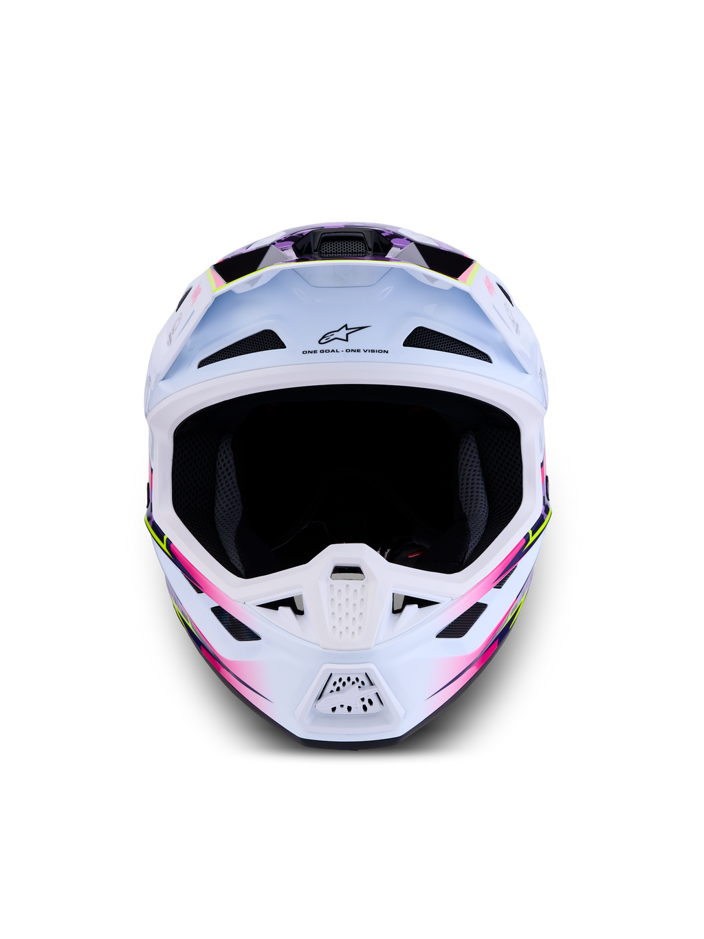 Alpinestars S-M7 Blaster Helmet ECE06, white motocross helmet with purple and pink glossy graphics for off-road racing.