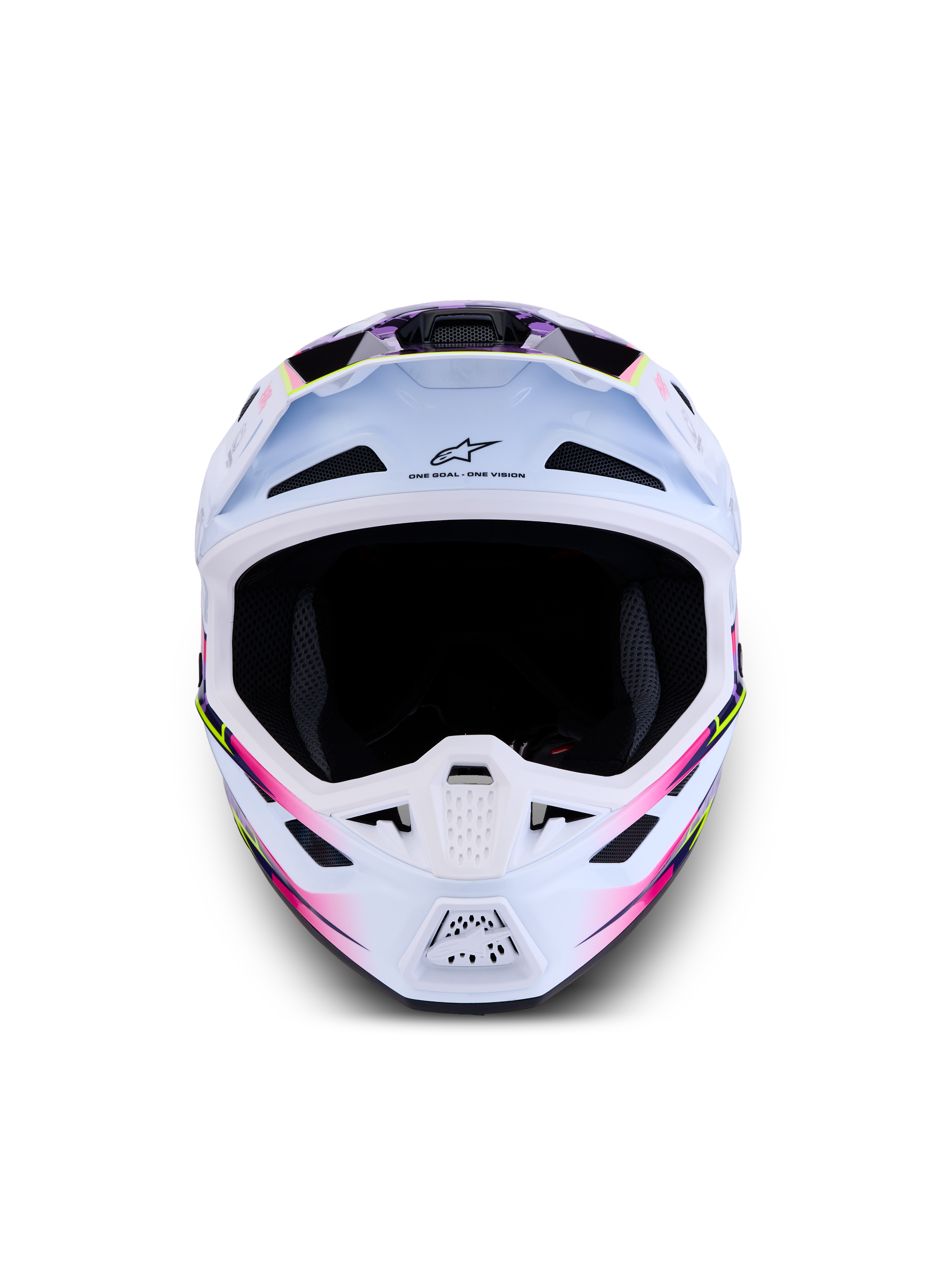 Alpinestars S-M7 Blaster Helmet ECE06, white motocross helmet with purple and pink glossy graphics for off-road racing.