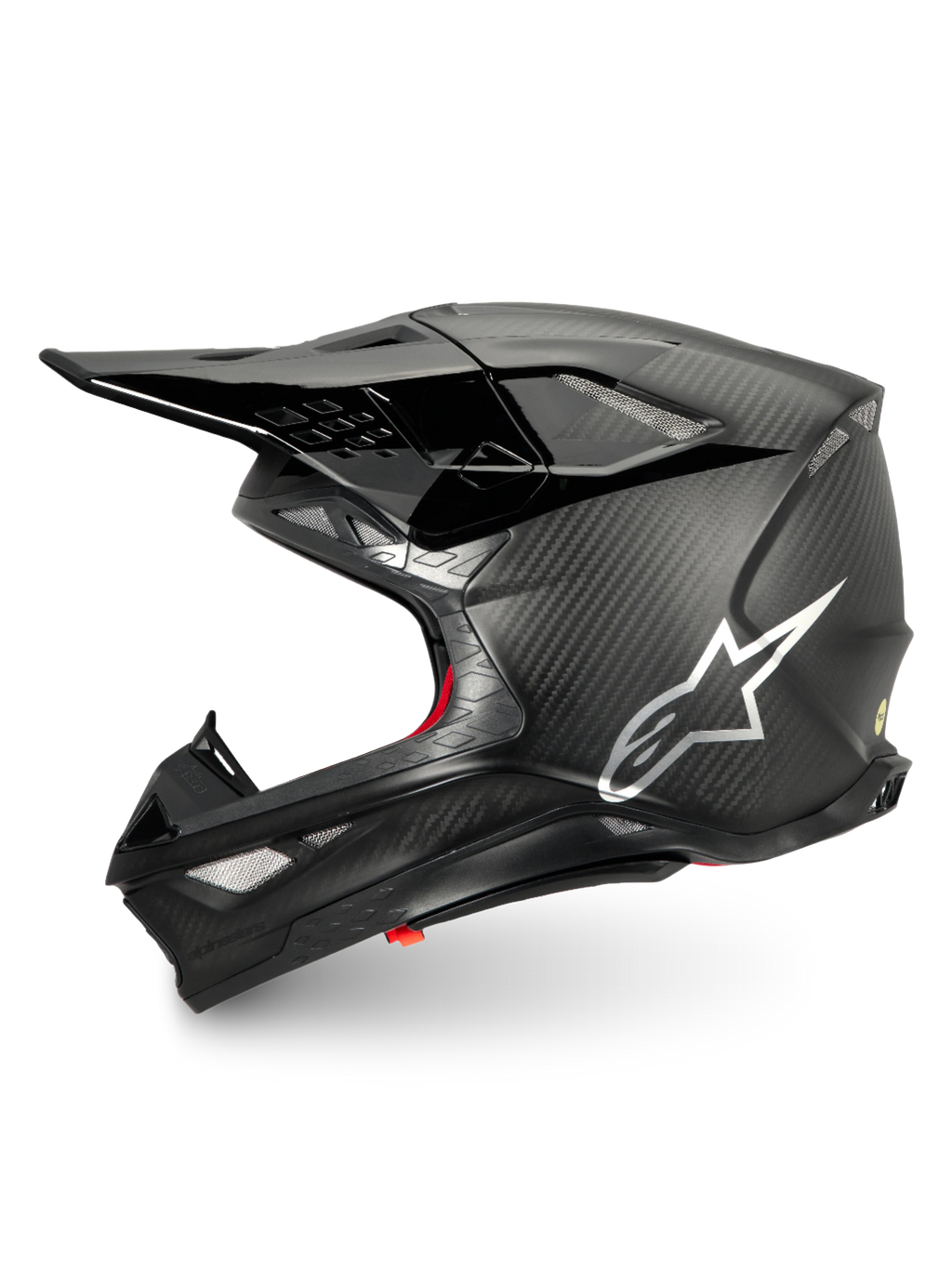 Alpinestars Supertech M10 Fame, kask motocrossowy, czarny karbon matowy i błyszczący, srebrne logo, certyfikat ECE 22.06