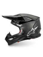 Alpinestars Supertech M10 Fame, kask motocrossowy, czarny karbon matowy i błyszczący, srebrne logo, certyfikat ECE 22.06