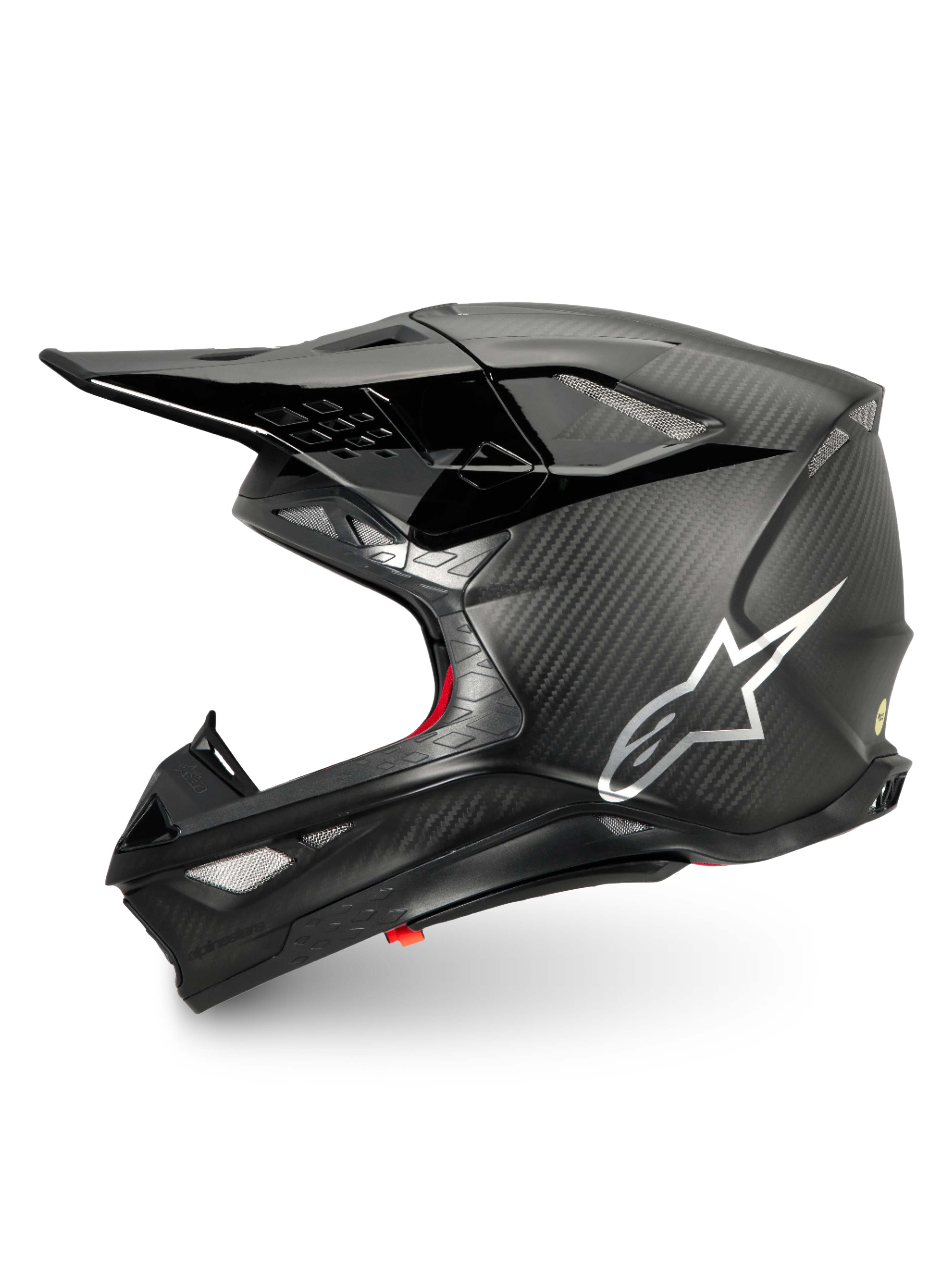 Alpinestars Supertech M10 Fame, kask motocrossowy, czarny karbon matowy i błyszczący, srebrne logo, certyfikat ECE 22.06