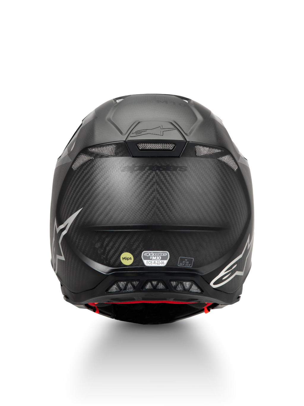 Alpinestars Supertech M10 Fame, kask motocrossowy, czarny matowy carbon, ochrona MIPS, certyfikat ECE 22.06, widok z tyłu