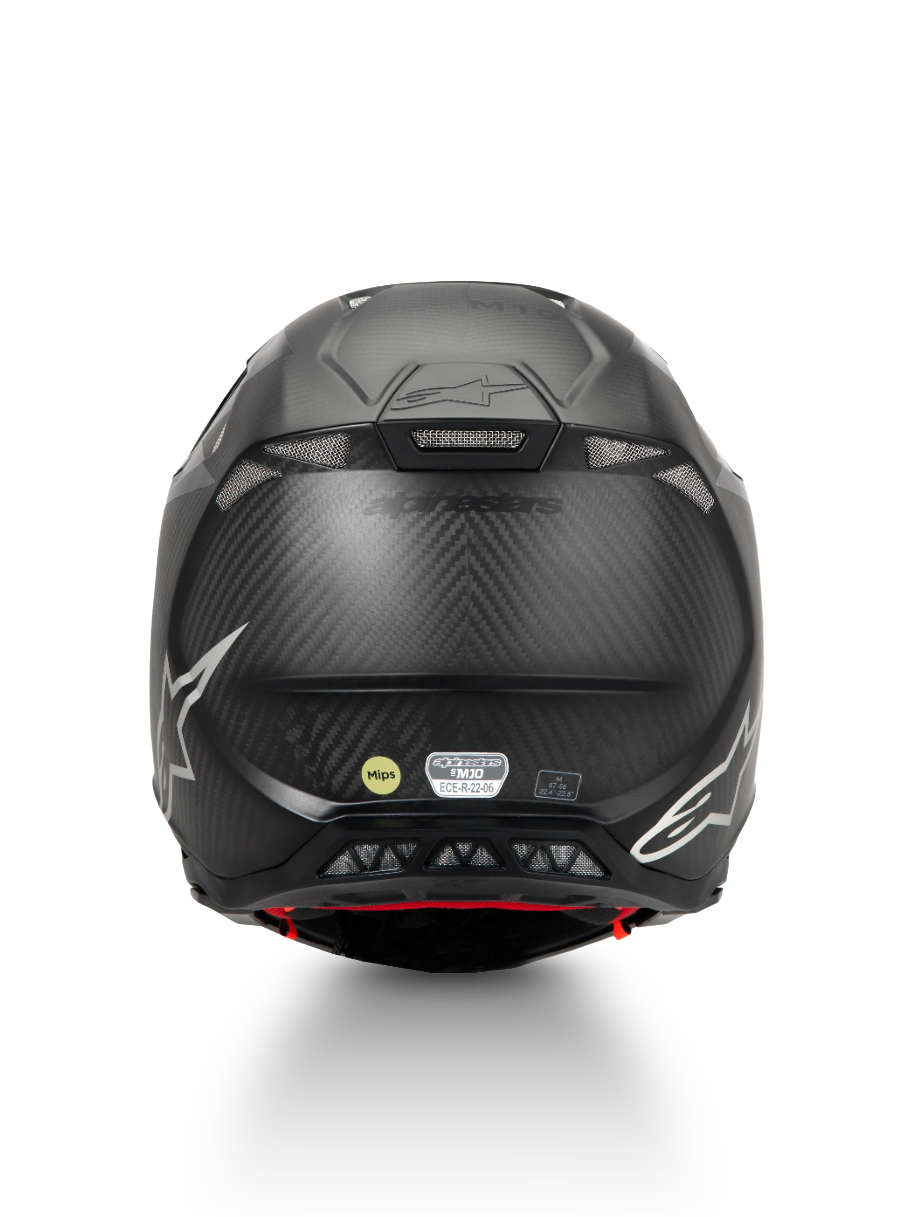 Alpinestars Supertech M10 Fame, kask motocrossowy, czarny matowy carbon, ochrona MIPS, certyfikat ECE 22.06, widok z tyłu