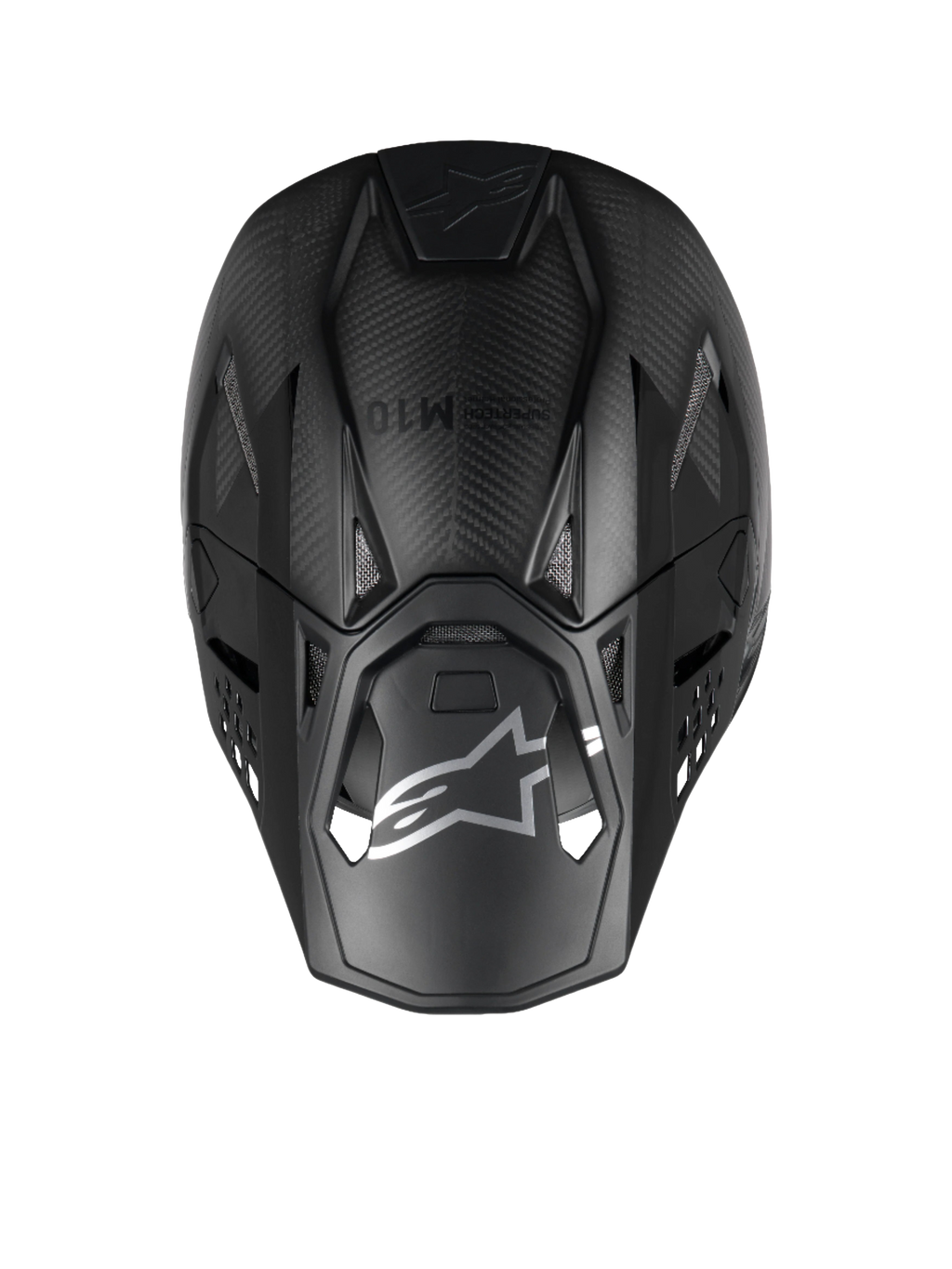 Alpinestars Supertech M10 Fame, kask motocrossowy MX, czarny matowy i błyszczący karbon 3K, widok z góry.