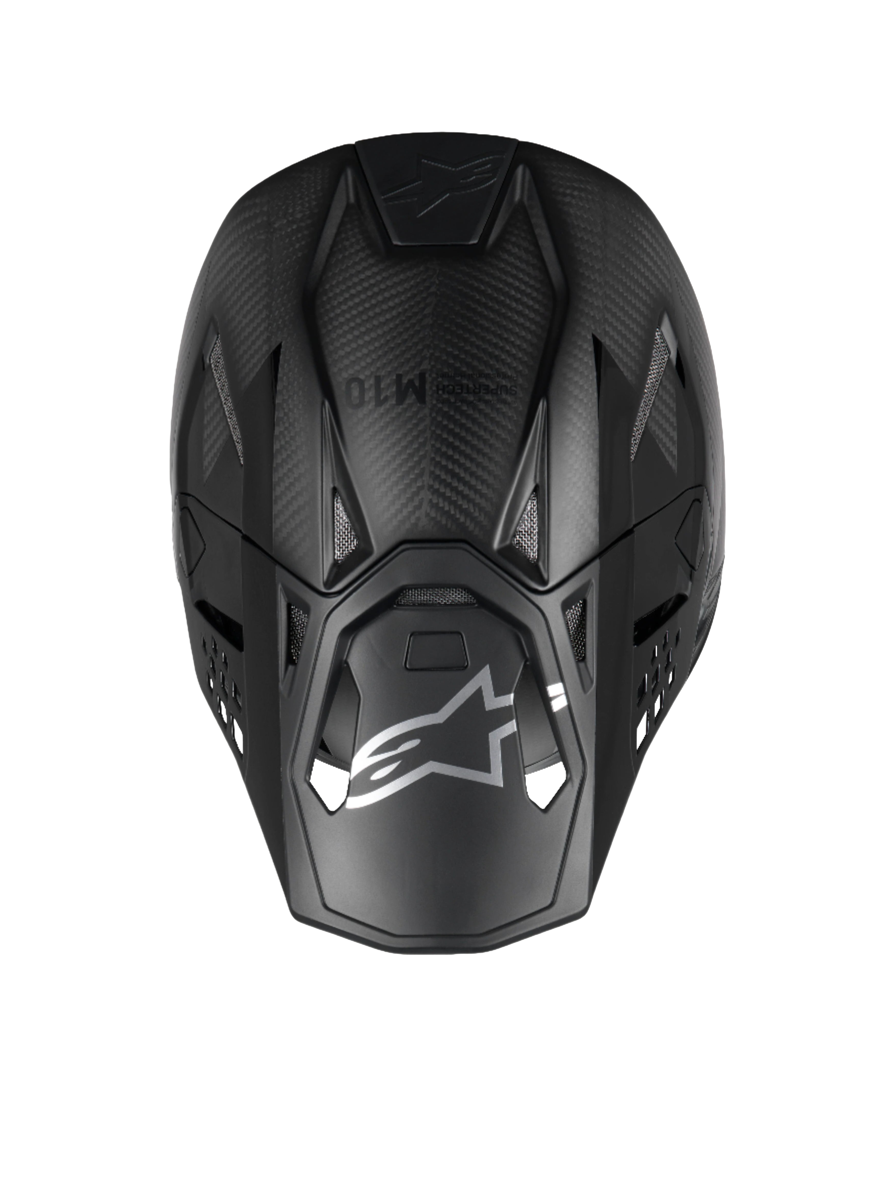 Alpinestars Supertech M10 Fame, kask motocrossowy MX, czarny matowy i błyszczący karbon 3K, widok z góry.