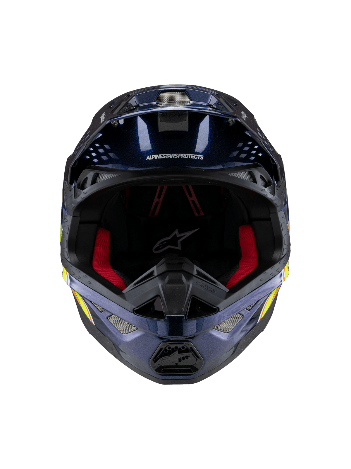 Alpinestars Supertech M10 TLD Edition 25 Helmet, kask motocrossowy, błyszczący metaliczny ciemnoniebieski z czerwoną wyściółką wewnętrzną, widok z przodu ukazujący siatkę wentylacyjną i boczne grafiki w kolorze żółtym i pomarańczowym, profesjonalna ochrona do wyścigów off-road.