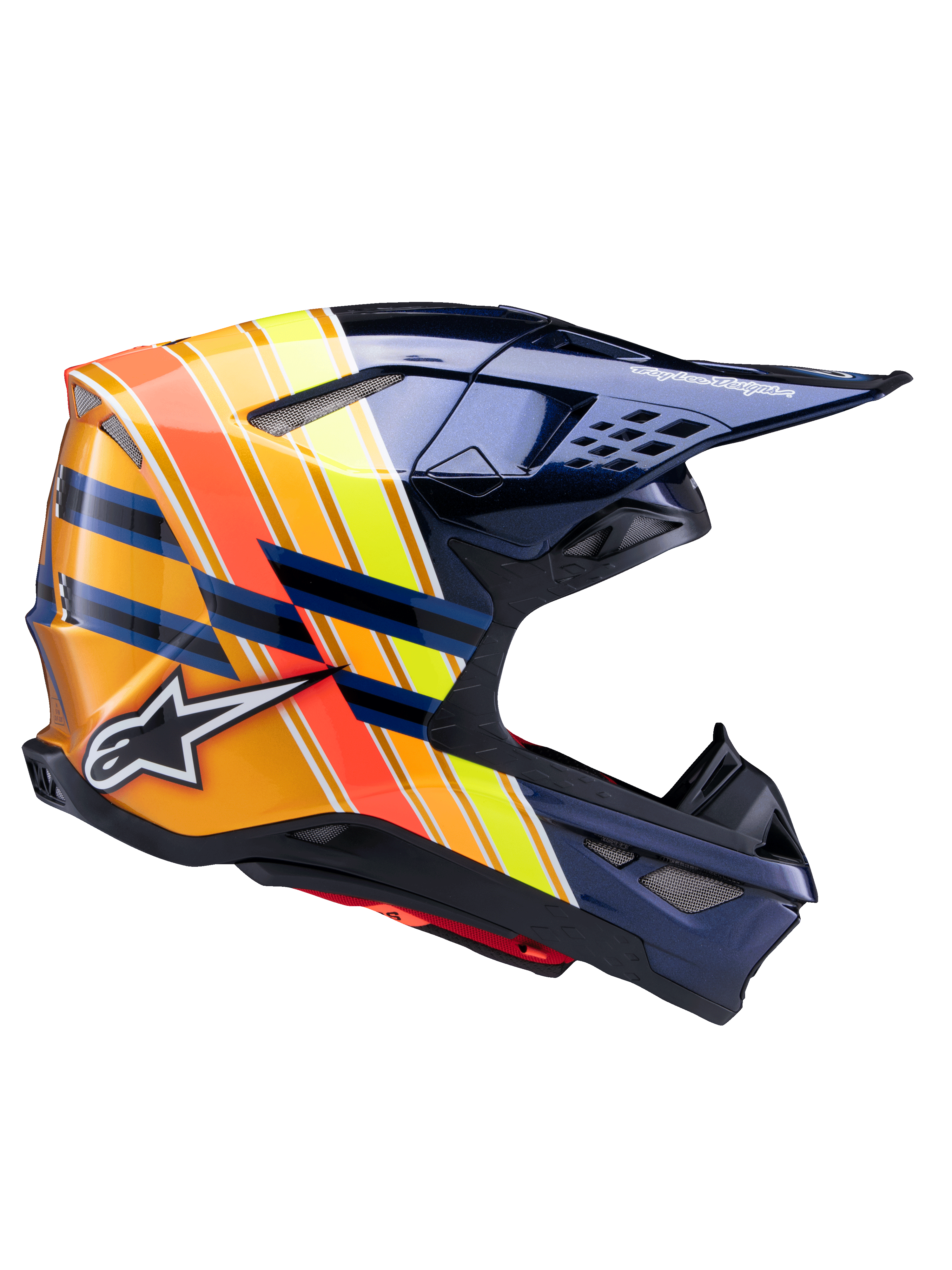 Kask Alpinestars Supertech M10 TLD Edition 25, kask motocrossowy, ciemnoniebieski metalik z wyrazistymi pomarańczowymi, żółtymi i czerwonymi pasami, widok z boku, błyszczące wykończenie z logo Alpinestars i Troy Lee Designs, aerodynamiczna skorupa z licznymi otworami wentylacyjnymi z siatki do wyścigów terenowych