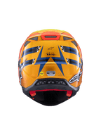Alpinestars Supertech M10 TLD Edition 25 Helmet, Motocross Helmet, Rear View, Glossy Orange and Blue with Fluorescent Yellow and Red accents, featuring Troy Lee Designs branding and MIPS safety system, aerodynamic design with exhaust ports