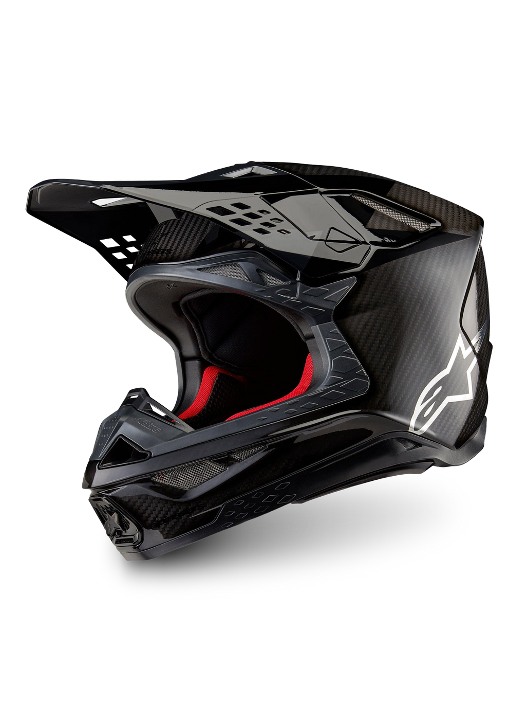 Alpinestars Supertech M10 Fame ECE 22.06, kask motocrossowy, czarny matowy i błyszczący, włókno węglowe 3K, białe logo.