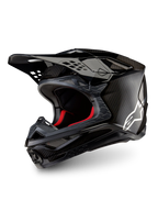 Alpinestars Supertech M10 Fame ECE 22.06, kask motocrossowy, czarny matowy i błyszczący, włókno węglowe 3K, białe logo.