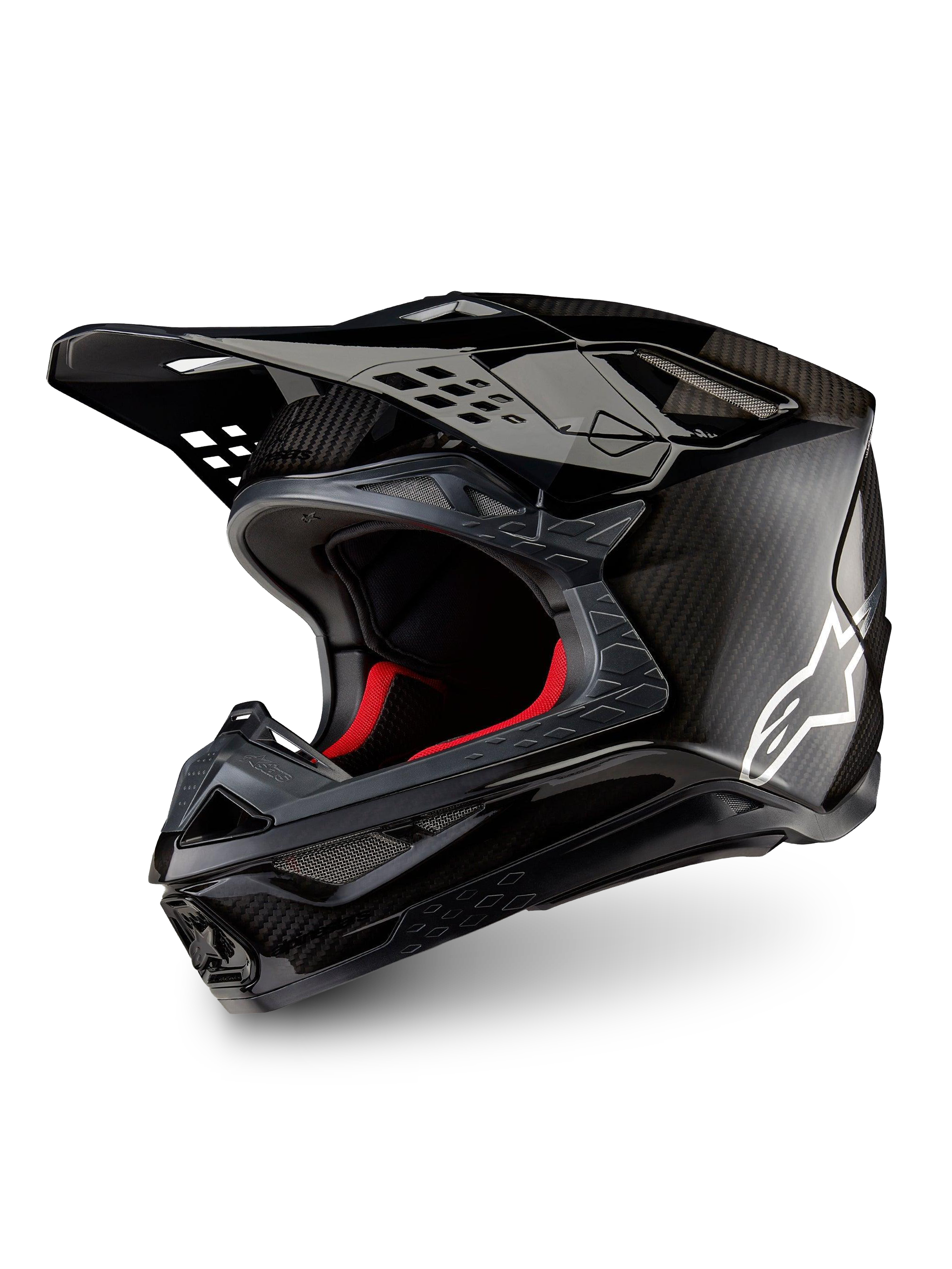 Alpinestars Supertech M10 Fame ECE 22.06, kask motocrossowy, czarny matowy i błyszczący, włókno węglowe 3K, białe logo.