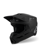 Alpinestars S-M3 Solid Helmet ECE 22.06, Motocross Helmet, Matte Black, three-quarter side view featuring a large visor and intake vents, sleek aerodynamic shell with a white Alpinestars logo, professional off-road racing gear