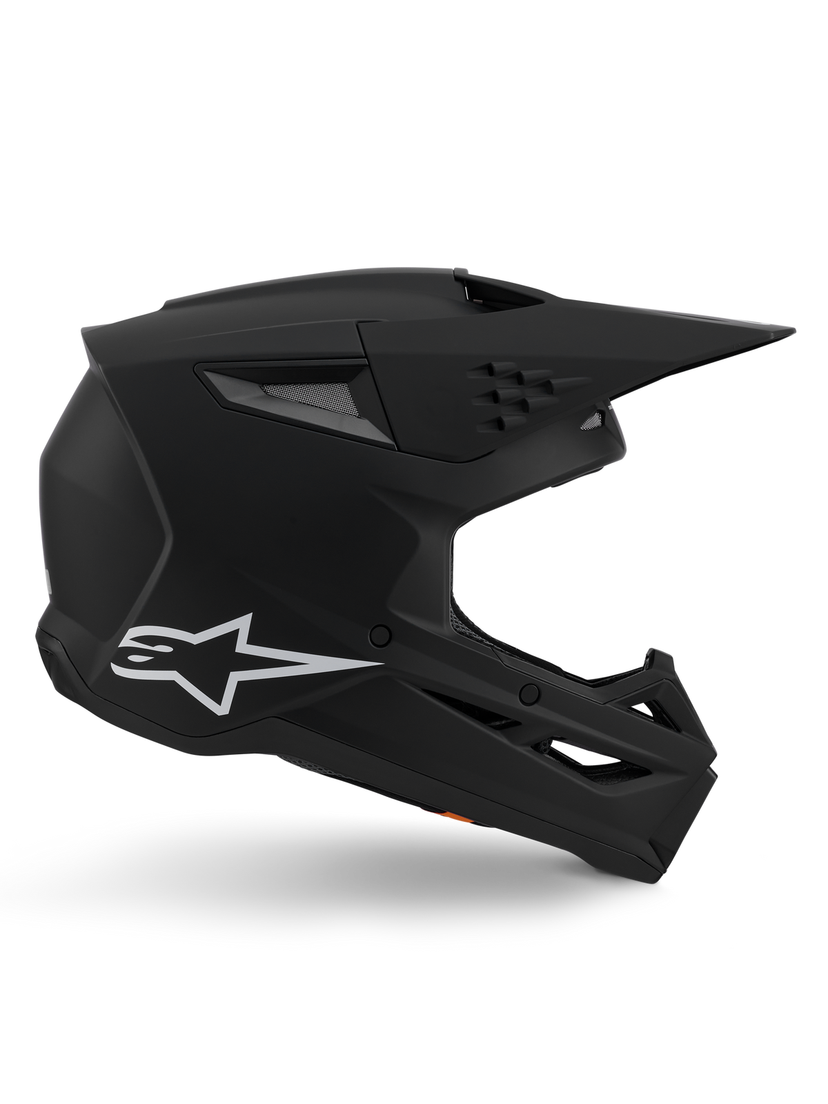 Alpinestars S-M3 Solid Helmet, kask motocrossowy, matowe czarne wykończenie, profil boczny z białym logo Alpinestars, aerodynamiczna skorupa z wieloma otworami wentylacyjnymi i dużym daszkiem, profesjonalny kask ochronny off-road