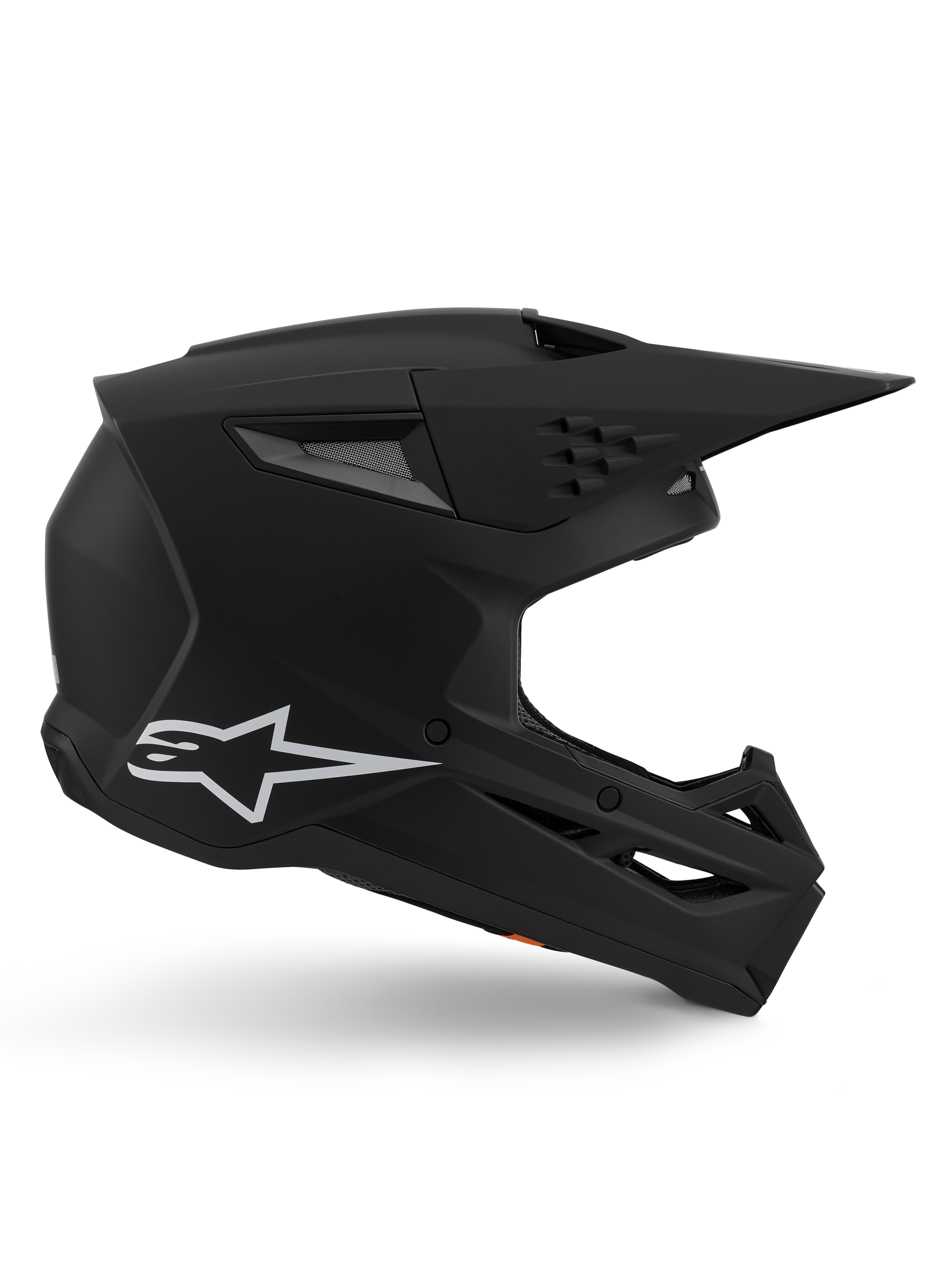 Alpinestars S-M3 Solid Helmet, kask motocrossowy, matowe czarne wykończenie, profil boczny z białym logo Alpinestars, aerodynamiczna skorupa z wieloma otworami wentylacyjnymi i dużym daszkiem, profesjonalny kask ochronny off-road