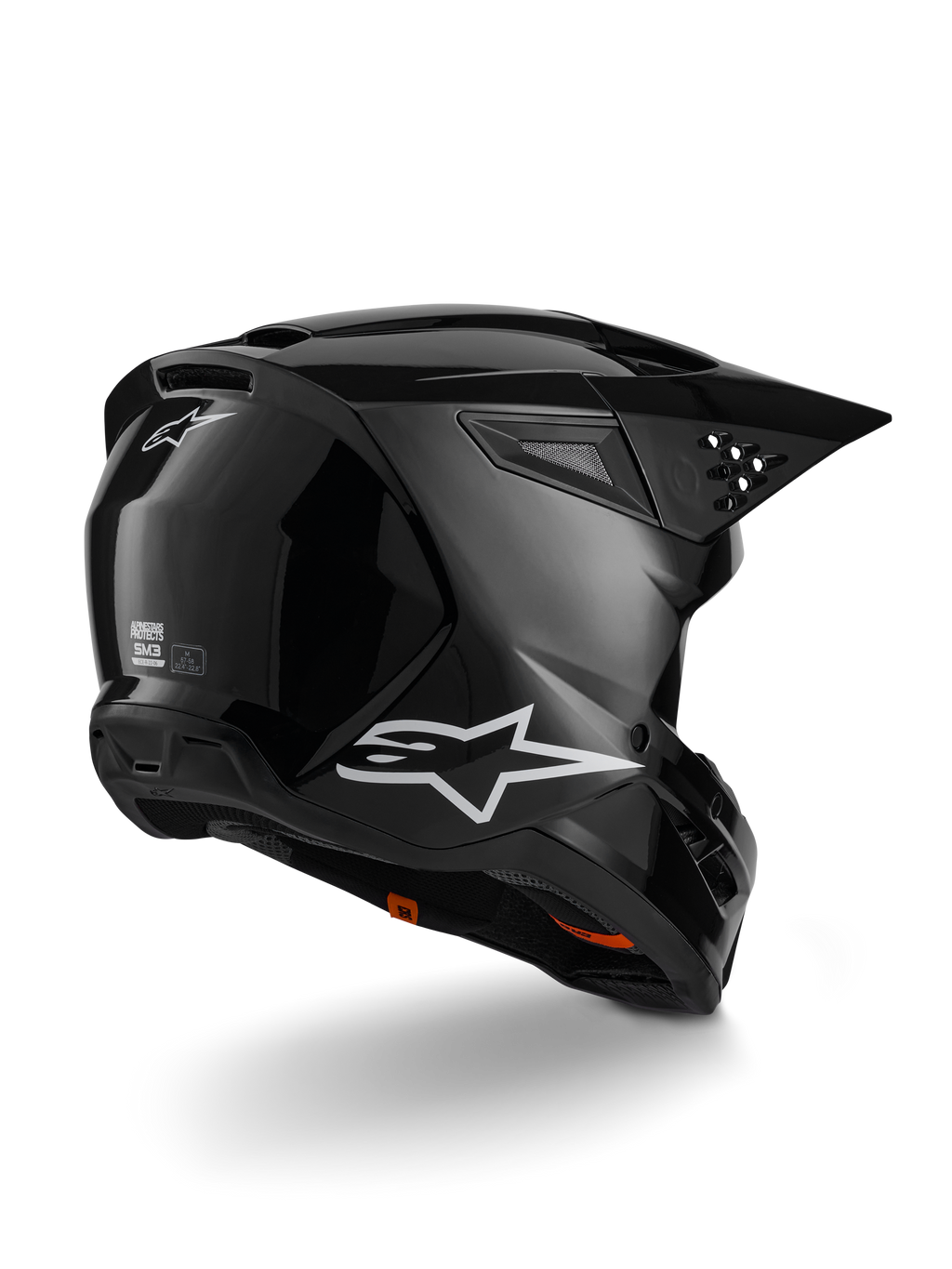 Alpinestars S-M3 Solid Helmet, Motocross Helmet, Black Glossy, featuring a thermo-injected shell, integrated visor, and high-flow ventilation system, sleek professional design for off-road and enduro riding.