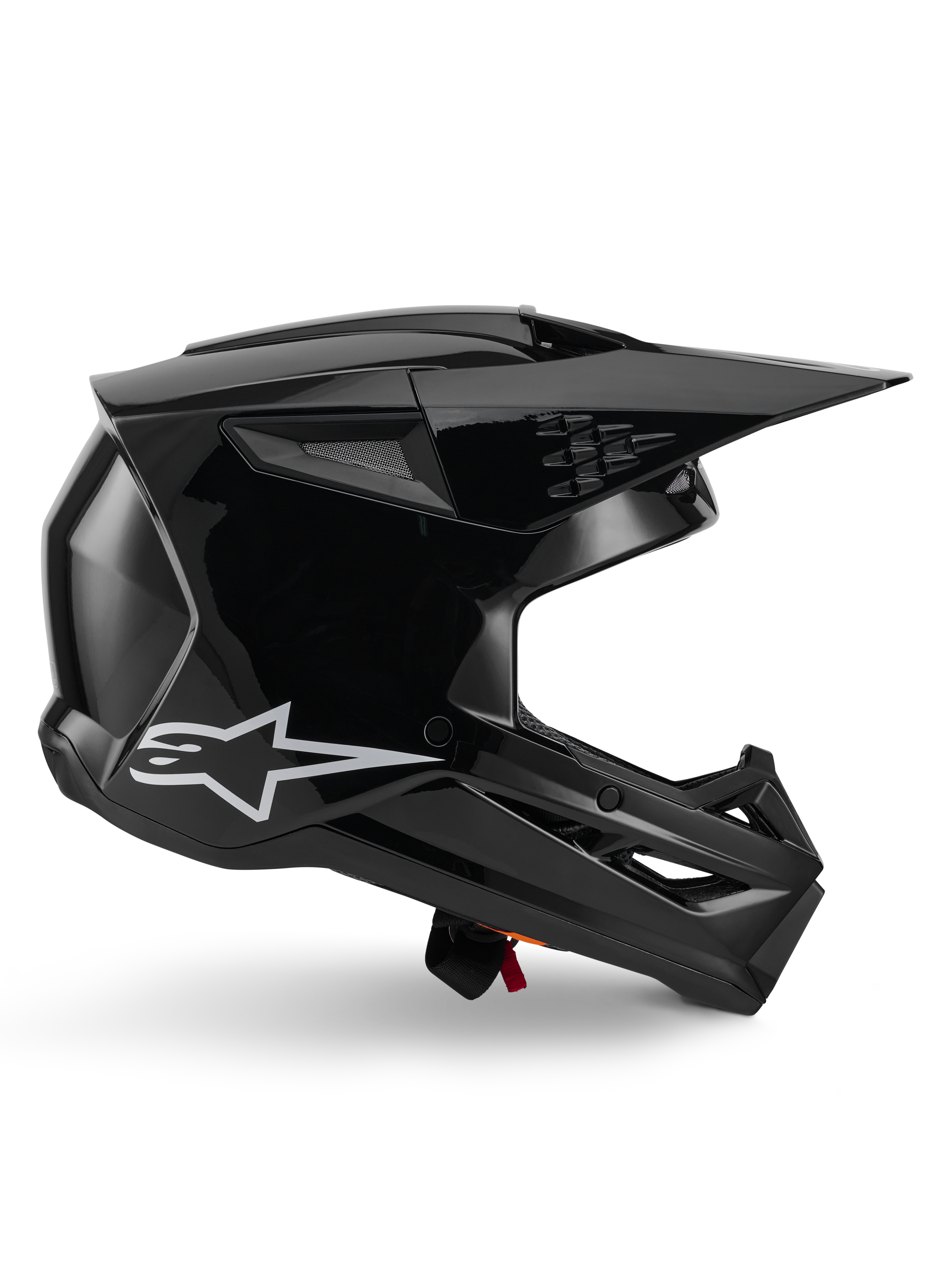 Alpinestars S-M3 Solid Helmet, Motocross Helmet, Black Glossy, side profile view featuring a white star logo, angular aerodynamic design with mesh vents and visor, protective off-road racing headgear