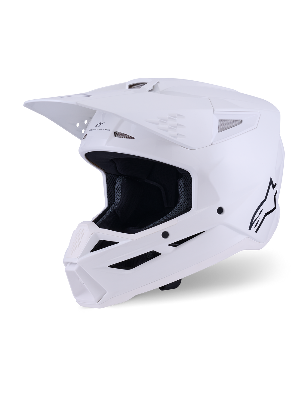 Kask Alpinestars S-M3 Solid, kask motocrossowy, biały błyszczący, pełny ochraniacz głowy typu off-road z wydatnym daszkiem, licznymi wlotami powietrza i czarnym logo Alpinestars na profilu bocznym