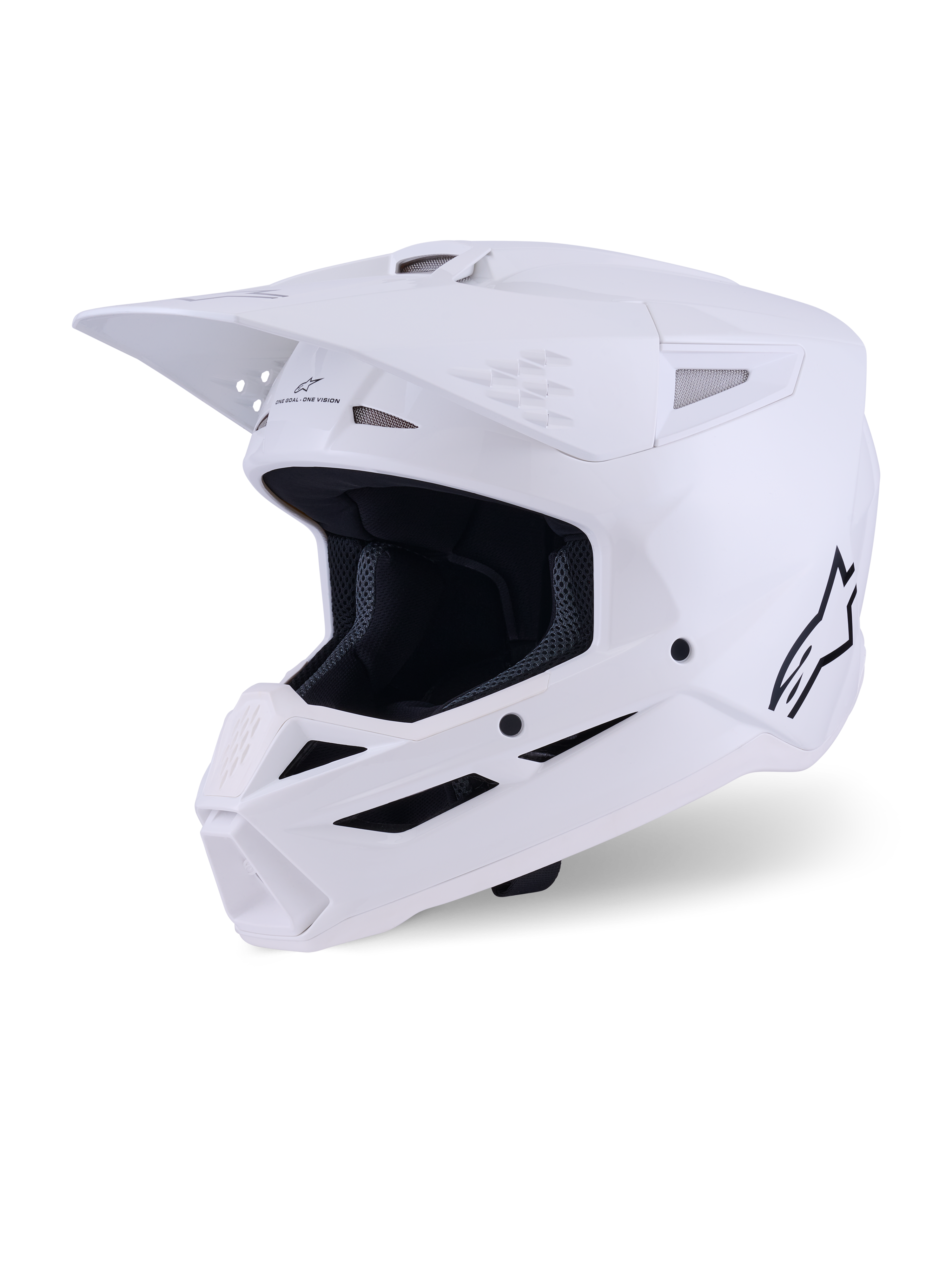 Kask Alpinestars S-M3 Solid, kask motocrossowy, biały błyszczący, pełny ochraniacz głowy typu off-road z wydatnym daszkiem, licznymi wlotami powietrza i czarnym logo Alpinestars na profilu bocznym