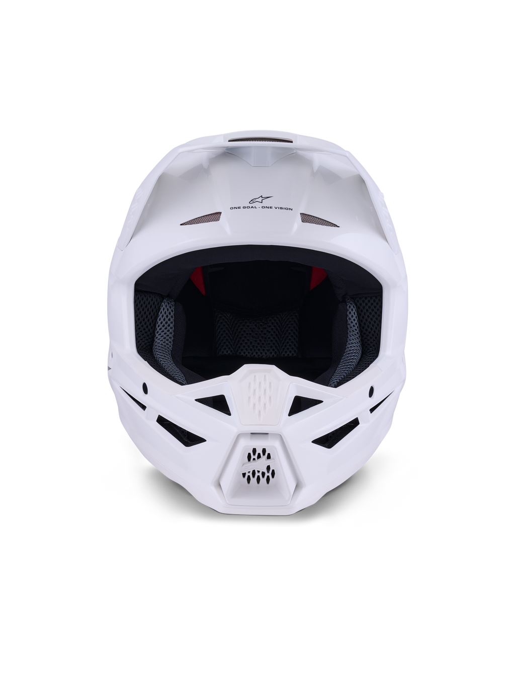 Alpinestars S-M3 Solid Helmet ECE 22.06, kask motocrossowy, biały z połyskiem, widok z przodu z licznymi wlotami wentylacyjnymi na szczęce i czole, smukła aerodynamiczna skorupa z daszkiem, branding „ONE GOAL – ONE VISION” i siateczkowa wyściółka wewnętrzna zapewniająca ochronę w wyścigach terenowych