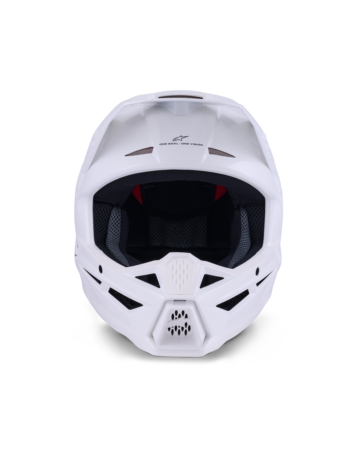 Alpinestars S-M3 Solid Helmet ECE 22.06, kask motocrossowy, biały z połyskiem, widok z przodu z licznymi wlotami wentylacyjnymi na szczęce i czole, smukła aerodynamiczna skorupa z daszkiem, branding „ONE GOAL – ONE VISION” i siateczkowa wyściółka wewnętrzna zapewniająca ochronę w wyścigach terenowych