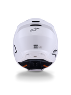 Alpinestars S-M3 Solid Helmet ECE 22.06, kask motocrossowy, biały błyszczący, widok z tyłu prezentujący wyloty wentylacyjne, logo Alpinestars i etykietę certyfikacji bezpieczeństwa, przeznaczony do jazdy terenowej