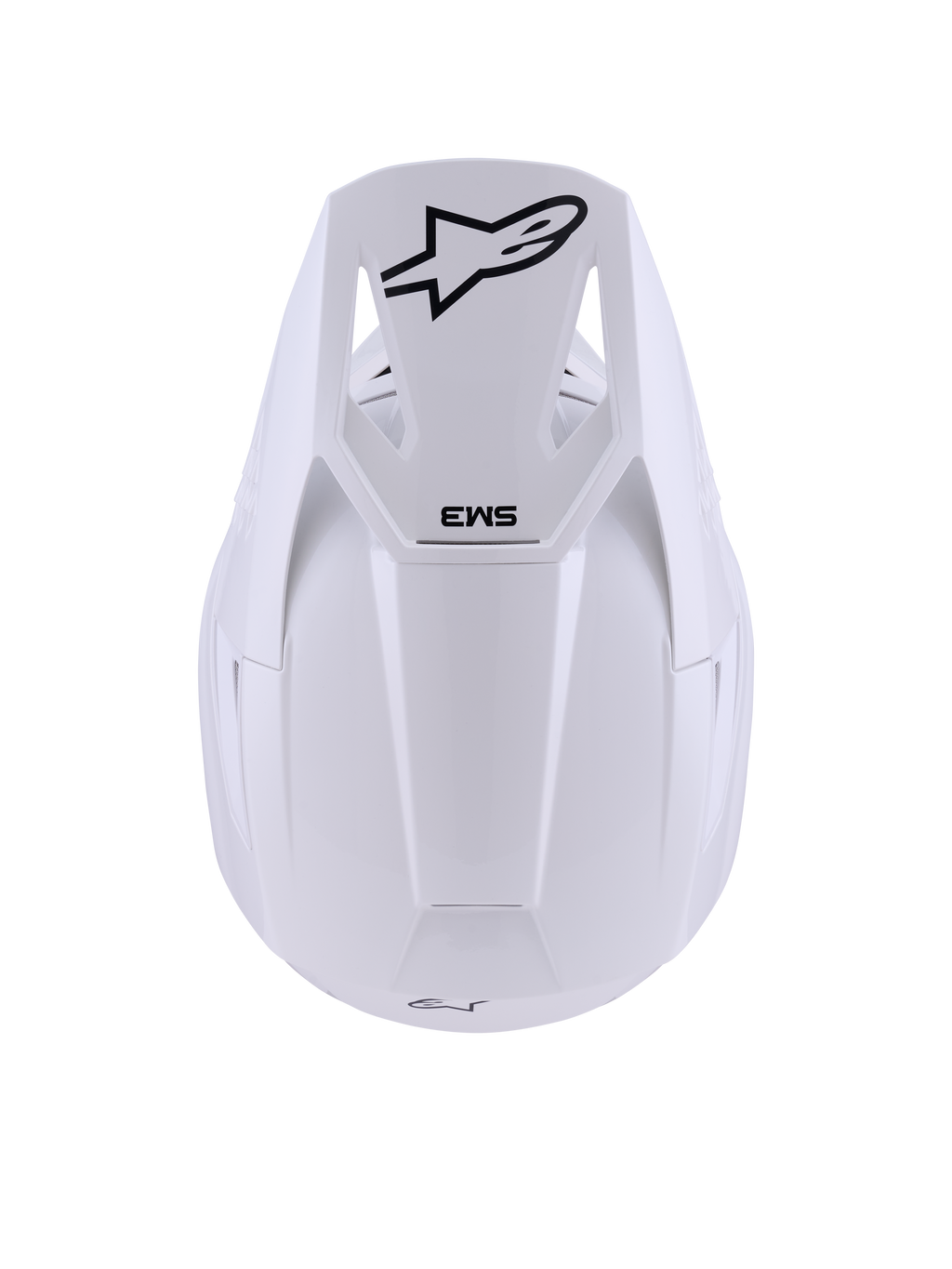 Alpinestars S-M3 Solid Helmet, White Glossy, kask motocrossowy, widok z góry z czarnym logo gwiazdy Alpinestars i oznaczeniem SM3 na daszku, smukła termo-wtryskiwana skorupa z błyszczącym wykończeniem, ochrona off-road z certyfikatem ECE 22.06