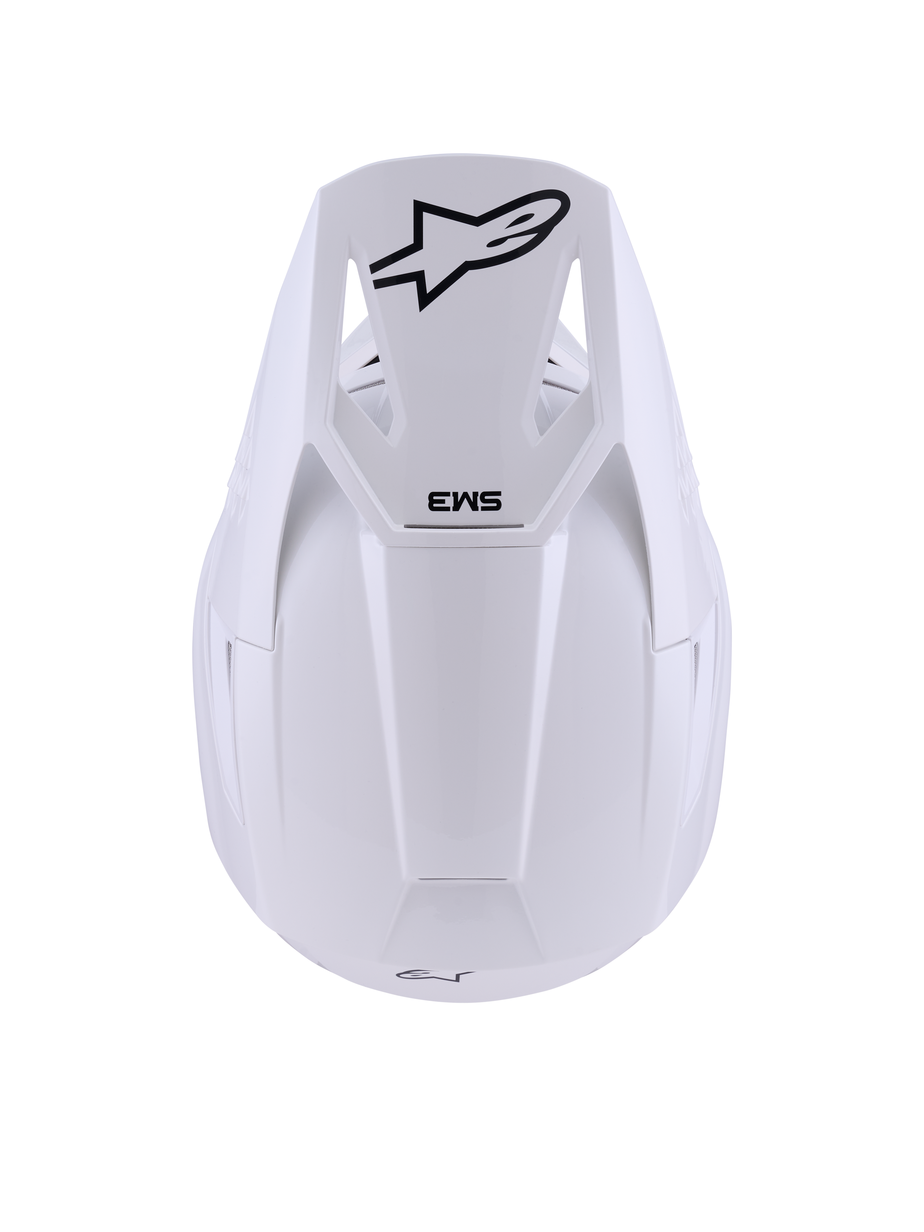 Alpinestars S-M3 Solid Helmet, White Glossy, kask motocrossowy, widok z góry z czarnym logo gwiazdy Alpinestars i oznaczeniem SM3 na daszku, smukła termo-wtryskiwana skorupa z błyszczącym wykończeniem, ochrona off-road z certyfikatem ECE 22.06