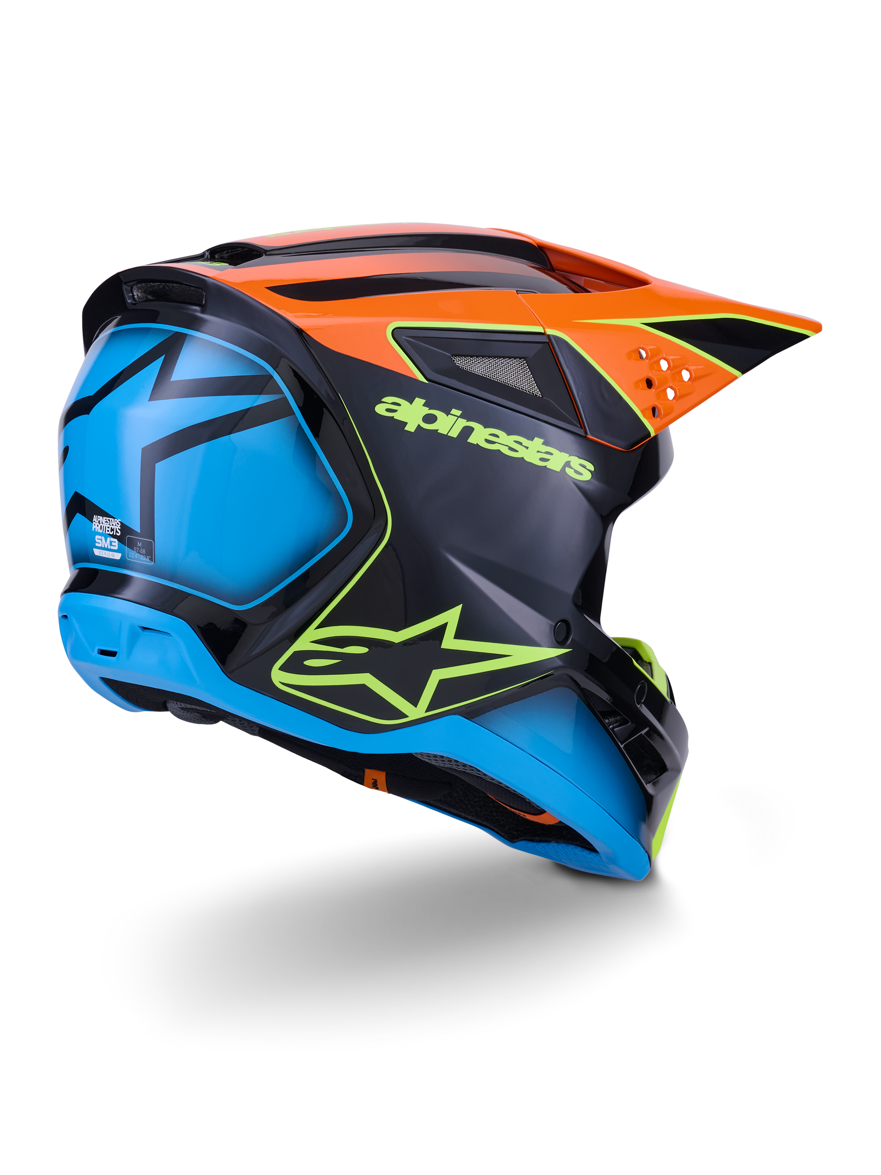Alpinestars S-M3 Fray Helmet ECE 22.06, Motocross Helmet, Black with Orange and Blue panels, featuring neon yellow Alpinestars logo, large blue rear section with star graphic, orange visor with integrated vents, professional off-road protective gear