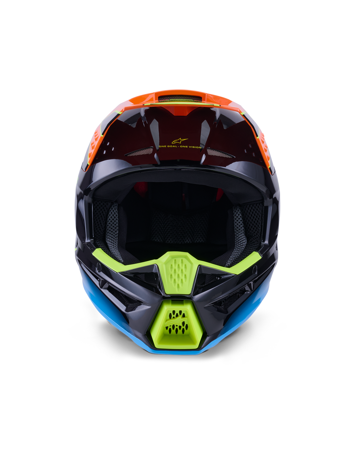 Kask Alpinestars S-M3 Fray ECE 22.06, kask motocrossowy, czarny z pomarańczowymi i neonowymi żółtymi elementami, widok z przodu prezentujący agresywny design szczęki z siatkowymi wlotami powietrza, szeroki otwór na gogle i aerodynamiczny profil do jazdy terenowej.