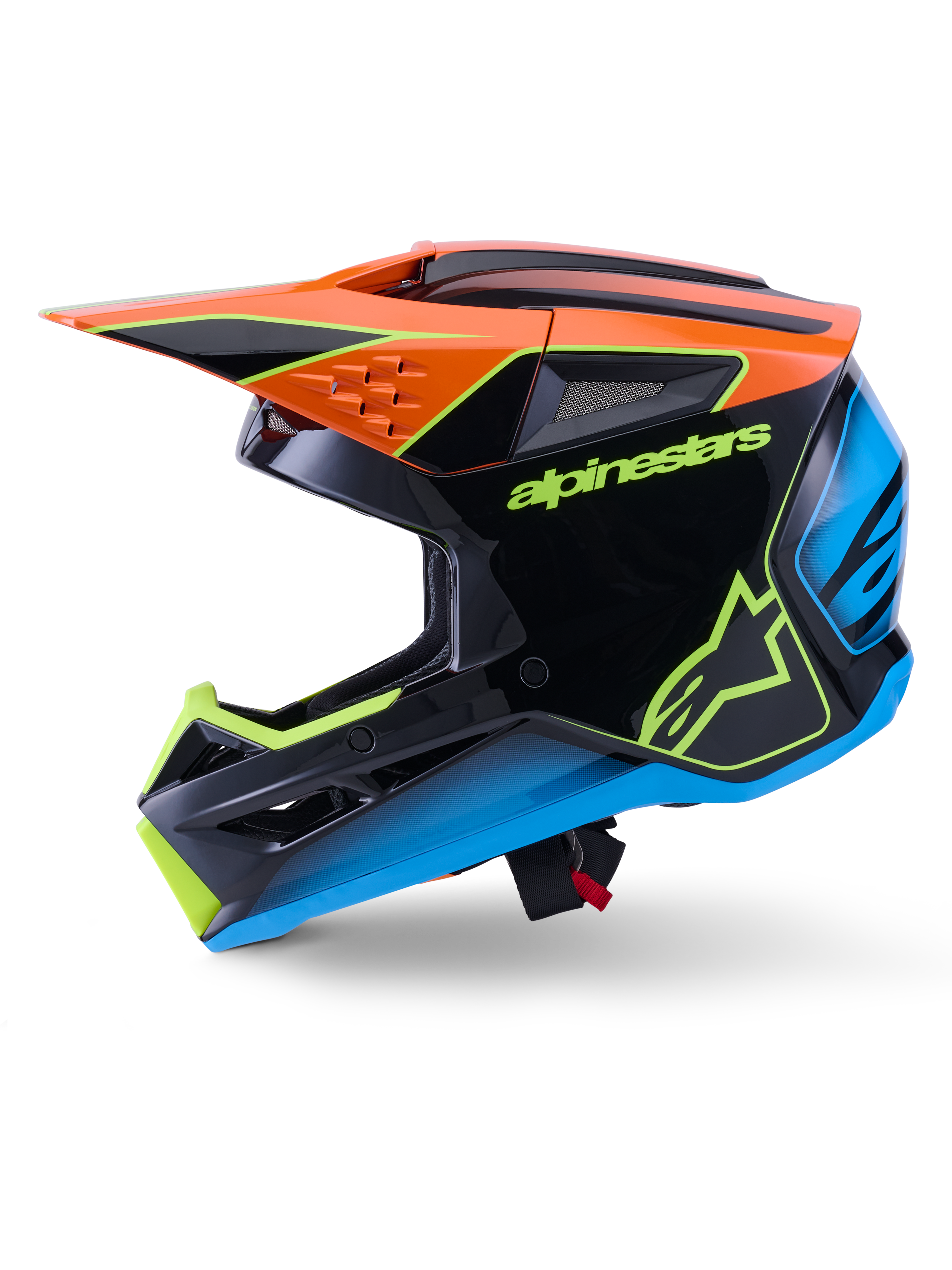 Alpinestars S-M3 Fray Helmet ECE 22.06, Motocross Helmet, Black with Orange, Blue, and Fluorescent Yellow accents, side profile view showcasing aerodynamic shell and integrated ventilation ports, featuring bold Alpinestars branding, professional off-road racing protection