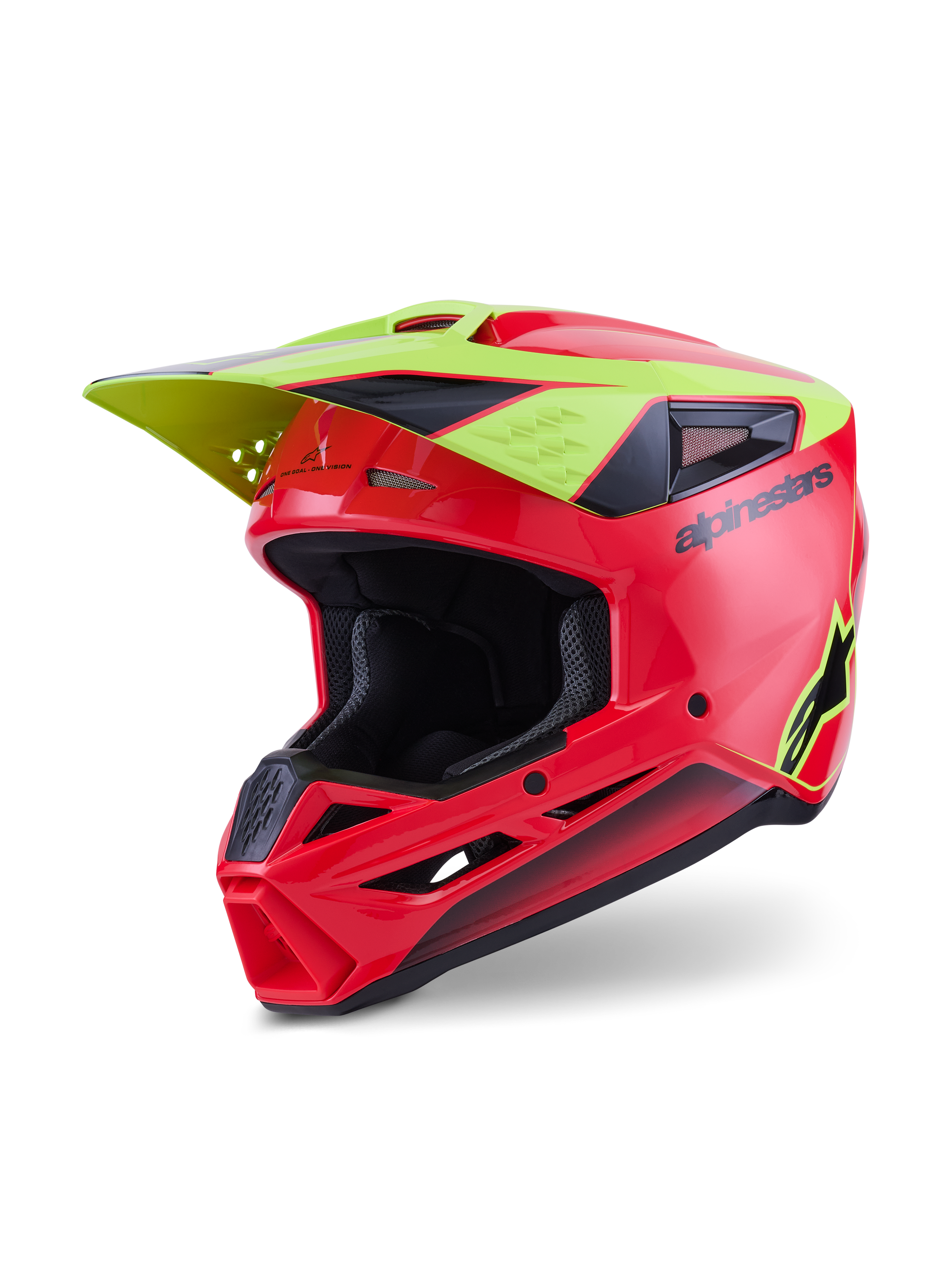 Alpinestars S-M3 Fray Helmet ECE 22.06, kask motocrossowy, czerwony, żółty fluo i czarny błyszczący, aerodynamiczna skorupa z otworami wentylacyjnymi, zintegrowany żółty daszek, czarny napis Alpinestars i logo gwiazdy, błyszczące wykończenie do wyścigów terenowych