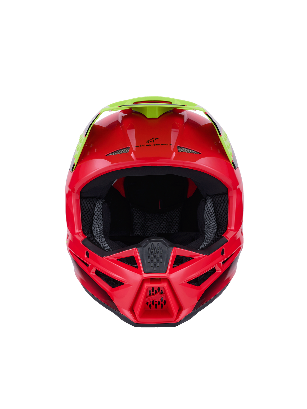 Alpinestars S-M3 Fray Helmet ECE 22.06, kask motocrossowy, czerwony i żółty fluo, widok z przodu z błyszczącym wykończeniem, wyposażony w liczne wloty wentylacyjne i wyraźny daszek, wysokiej klasy sprzęt ochronny do jazdy terenowej