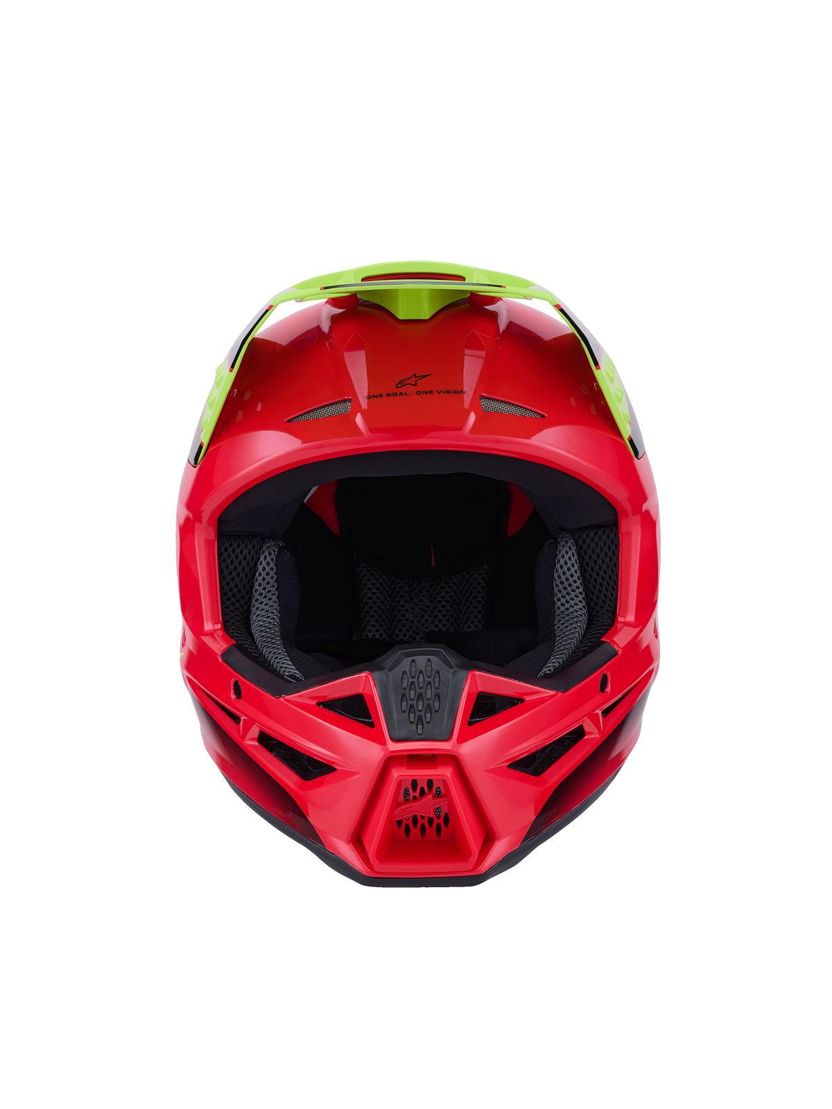 Alpinestars S-M3 Fray Helmet ECE 22.06, kask motocrossowy, czerwony i żółty fluo, widok z przodu z błyszczącym wykończeniem, wyposażony w liczne wloty wentylacyjne i wyraźny daszek, wysokiej klasy sprzęt ochronny do jazdy terenowej