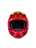 Alpinestars S-M3 Fray Helmet ECE 22.06, kask motocrossowy, czerwony i żółty fluo, widok z przodu z błyszczącym wykończeniem, wyposażony w liczne wloty wentylacyjne i wyraźny daszek, wysokiej klasy sprzęt ochronny do jazdy terenowej