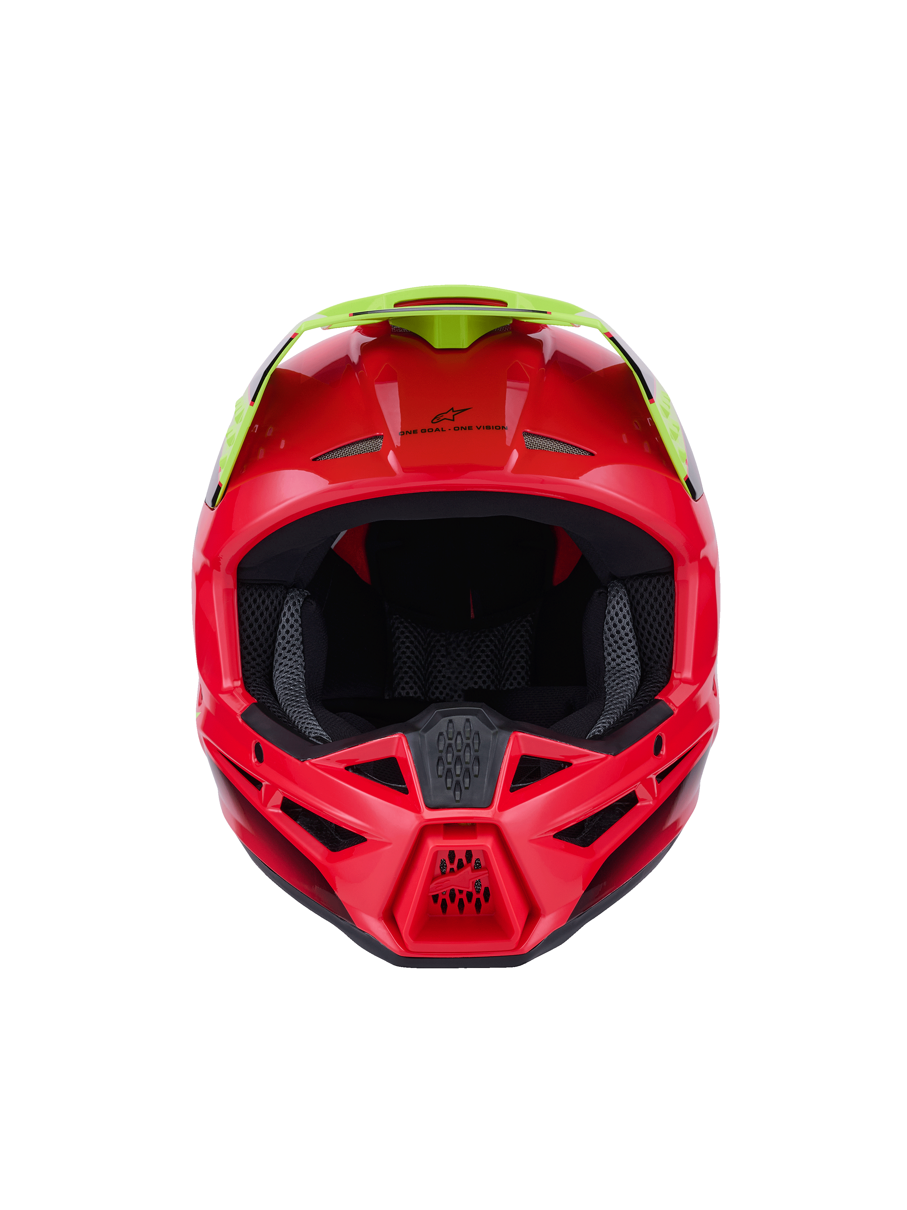 Alpinestars S-M3 Fray Helmet ECE 22.06, kask motocrossowy, czerwony i żółty fluo, widok z przodu z błyszczącym wykończeniem, wyposażony w liczne wloty wentylacyjne i wyraźny daszek, wysokiej klasy sprzęt ochronny do jazdy terenowej