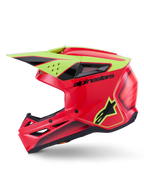 Alpinestars S-M3 Fray Helmet ECE 22.06, kask motocrossowy, czerwony, żółty fluo i czarny połysk, widok z profilu, aerodynamiczna skorupa formowana wtryskiem termicznym z licznymi otworami wentylacyjnymi, czarny logotyp Alpinestars i neonowożółte logo gwiazdy, wysokiej klasy ochrona głowy do jazdy terenowej