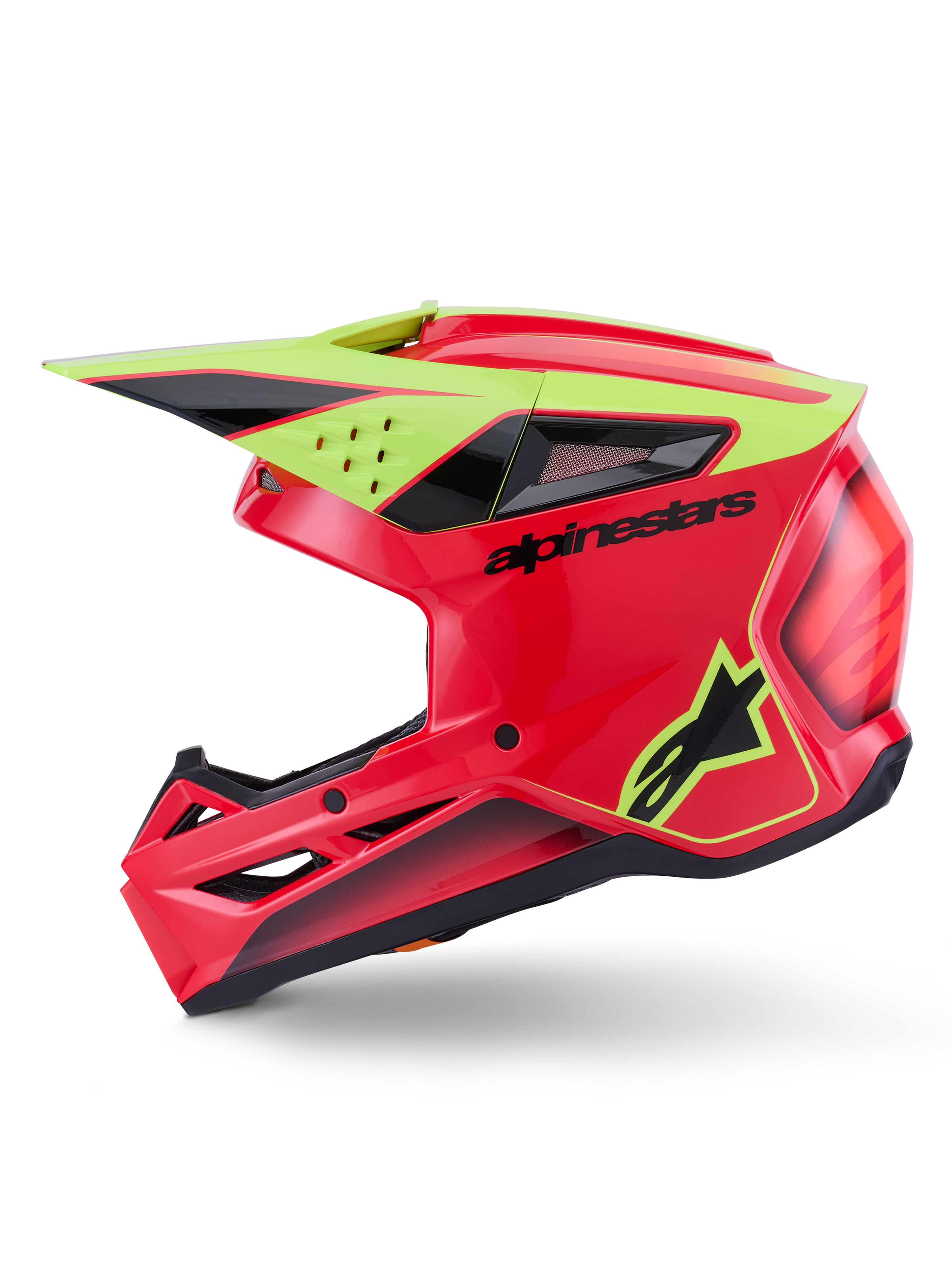 Alpinestars S-M3 Fray Helmet ECE 22.06, kask motocrossowy, czerwony, żółty fluo i czarny połysk, widok z profilu, aerodynamiczna skorupa formowana wtryskiem termicznym z licznymi otworami wentylacyjnymi, czarny logotyp Alpinestars i neonowożółte logo gwiazdy, wysokiej klasy ochrona głowy do jazdy terenowej