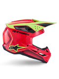 Alpinestars S-M3 Fray Helmet ECE 22.06, kask motocrossowy, czerwony, żółty fluo i czarny błyszczący, widok z profilu z aerodynamiczną skorupą, licznymi otworami wentylacyjnymi, wyraźnym czarnym brandingiem i jaskrawożółtym daszkiem