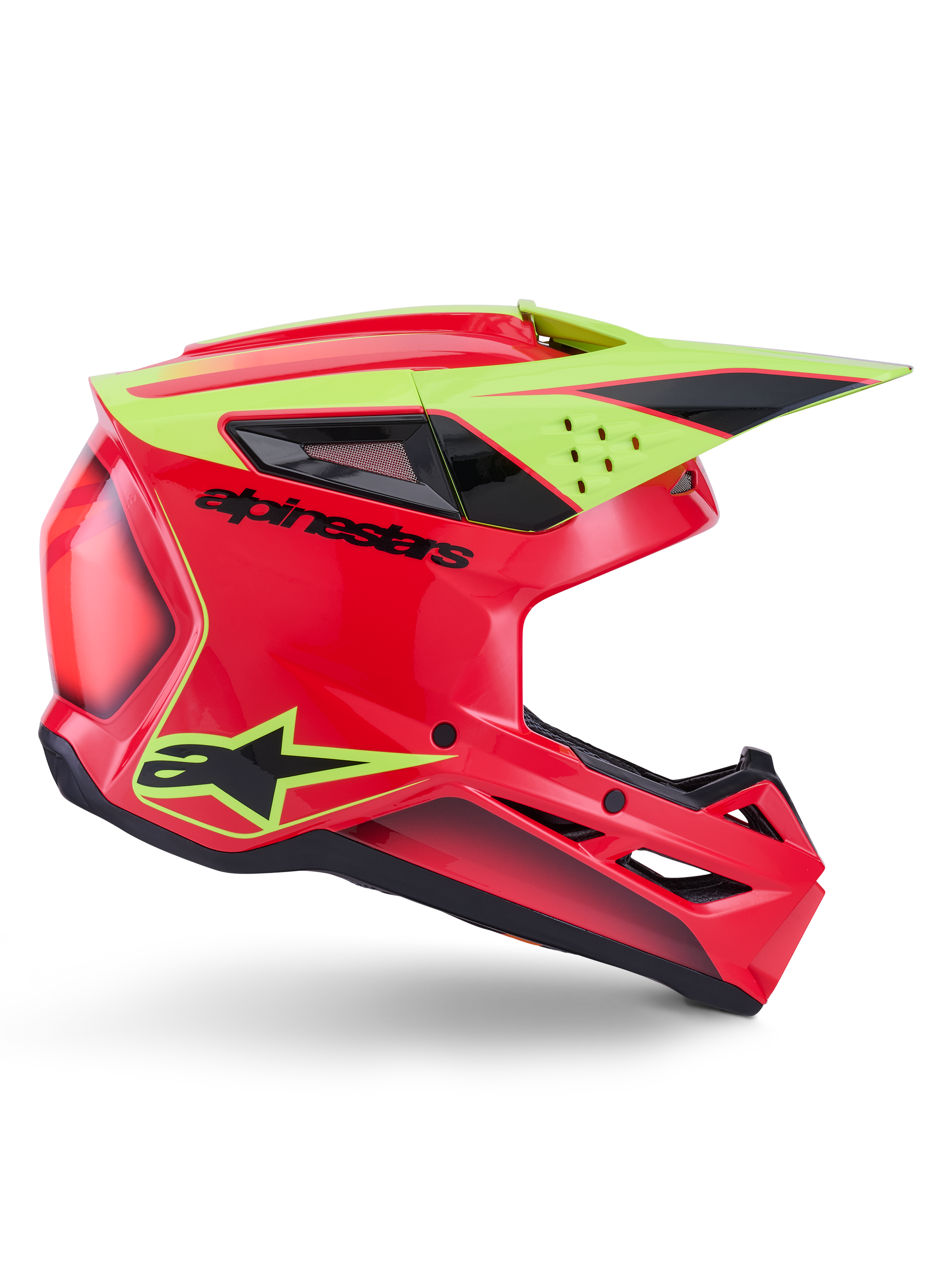 Alpinestars S-M3 Fray Helmet ECE 22.06, kask motocrossowy, czerwony, żółty fluo i czarny błyszczący, widok z profilu z aerodynamiczną skorupą, licznymi otworami wentylacyjnymi, wyraźnym czarnym brandingiem i jaskrawożółtym daszkiem
