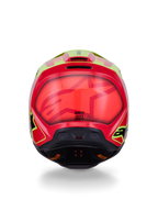 Alpinestars S-M3 Fray Helmet ECE 22.06, kask motocrossowy, czerwono-żółty neonowy czarny połysk, widok z tyłu przedstawiający błyszczącą aerodynamiczną skorupę z wyraźnymi czerwonymi i fluorescencyjnymi żółtymi grafikami, zintegrowane otwory wentylacyjne oraz oznaczenia certyfikacji bezpieczeństwa