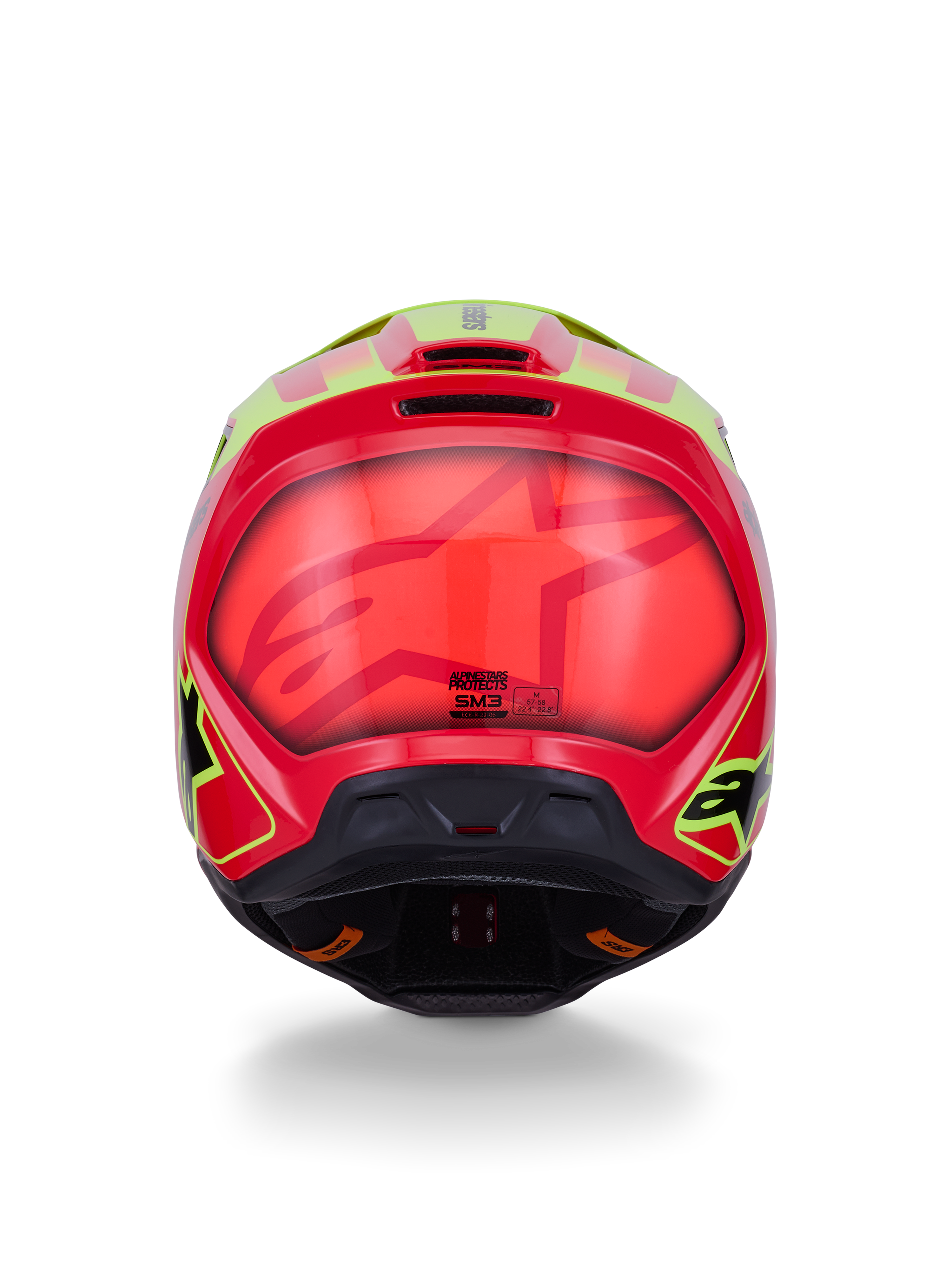 Alpinestars S-M3 Fray Helmet ECE 22.06, kask motocrossowy, czerwono-żółty neonowy czarny połysk, widok z tyłu przedstawiający błyszczącą aerodynamiczną skorupę z wyraźnymi czerwonymi i fluorescencyjnymi żółtymi grafikami, zintegrowane otwory wentylacyjne oraz oznaczenia certyfikacji bezpieczeństwa