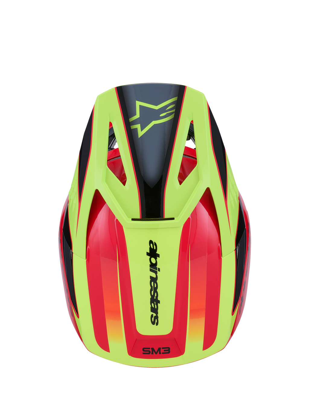 Kask Alpinestars S-M3 Fray, kask motocrossowy, czerwony, żółty fluo i czarny błyszczący, widok z góry przedstawiający dynamiczny wzór graficzny z czarnym logo gwiazdy na żółtym daszku oraz brandingiem Alpinestars z tyłu